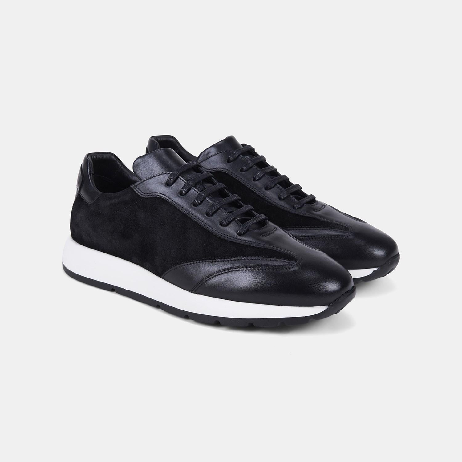 Erkek Siyah Bağcıklı Süet Detaylı Deri Sneaker