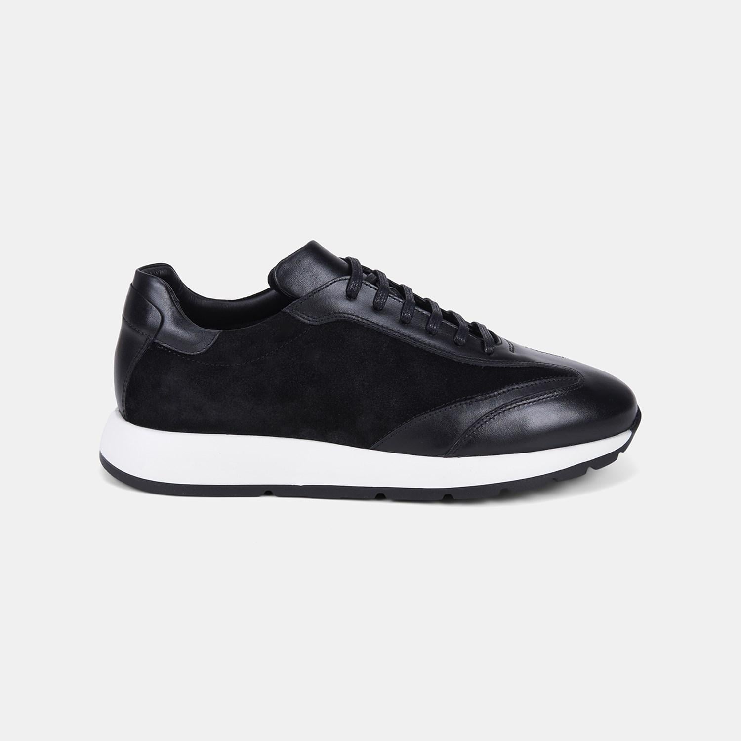 Erkek Siyah Bağcıklı Süet Detaylı Deri Sneaker