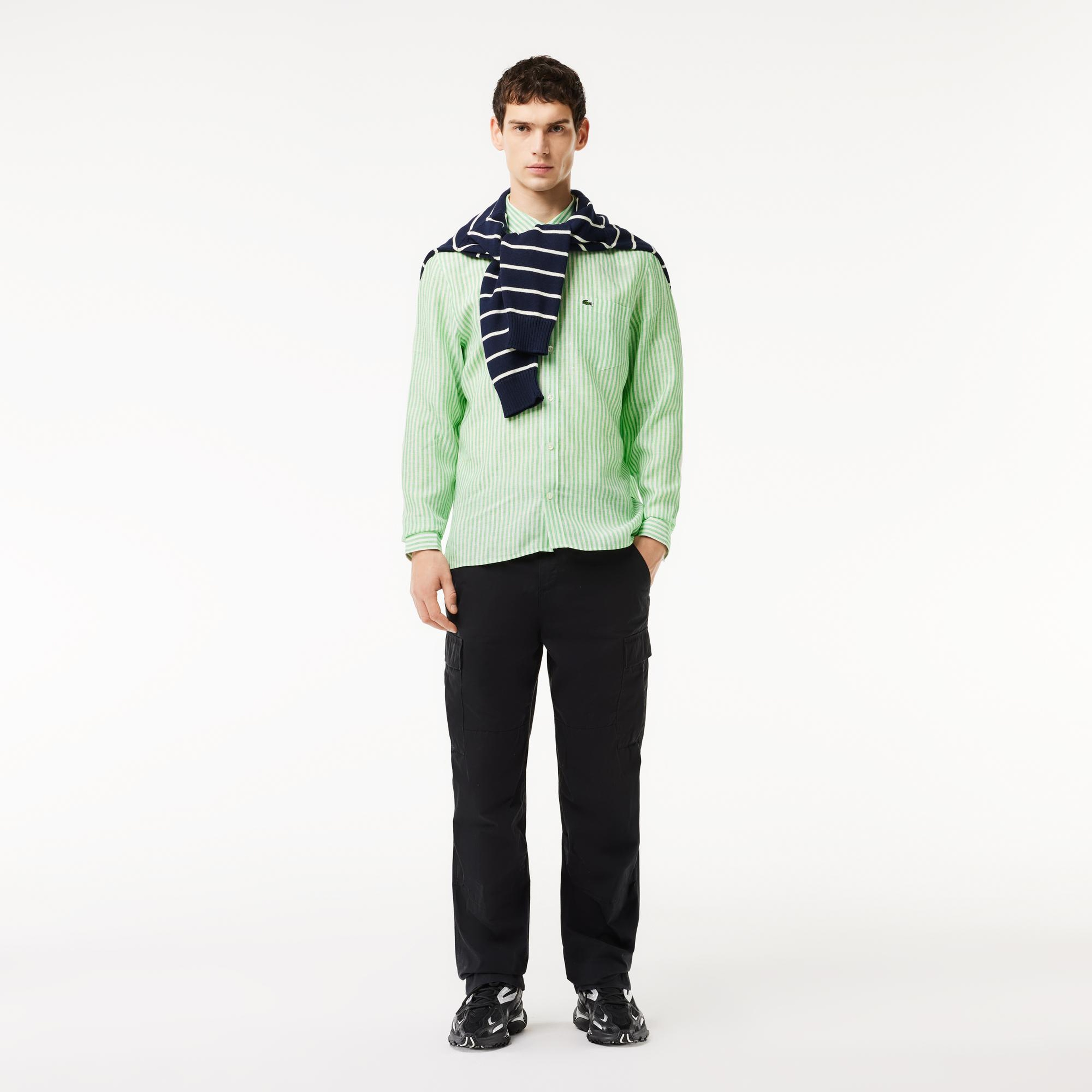 Lacoste Erkek Regular Fit Düğmeli Yaka Çizgili Keten Yeşil Gömlek