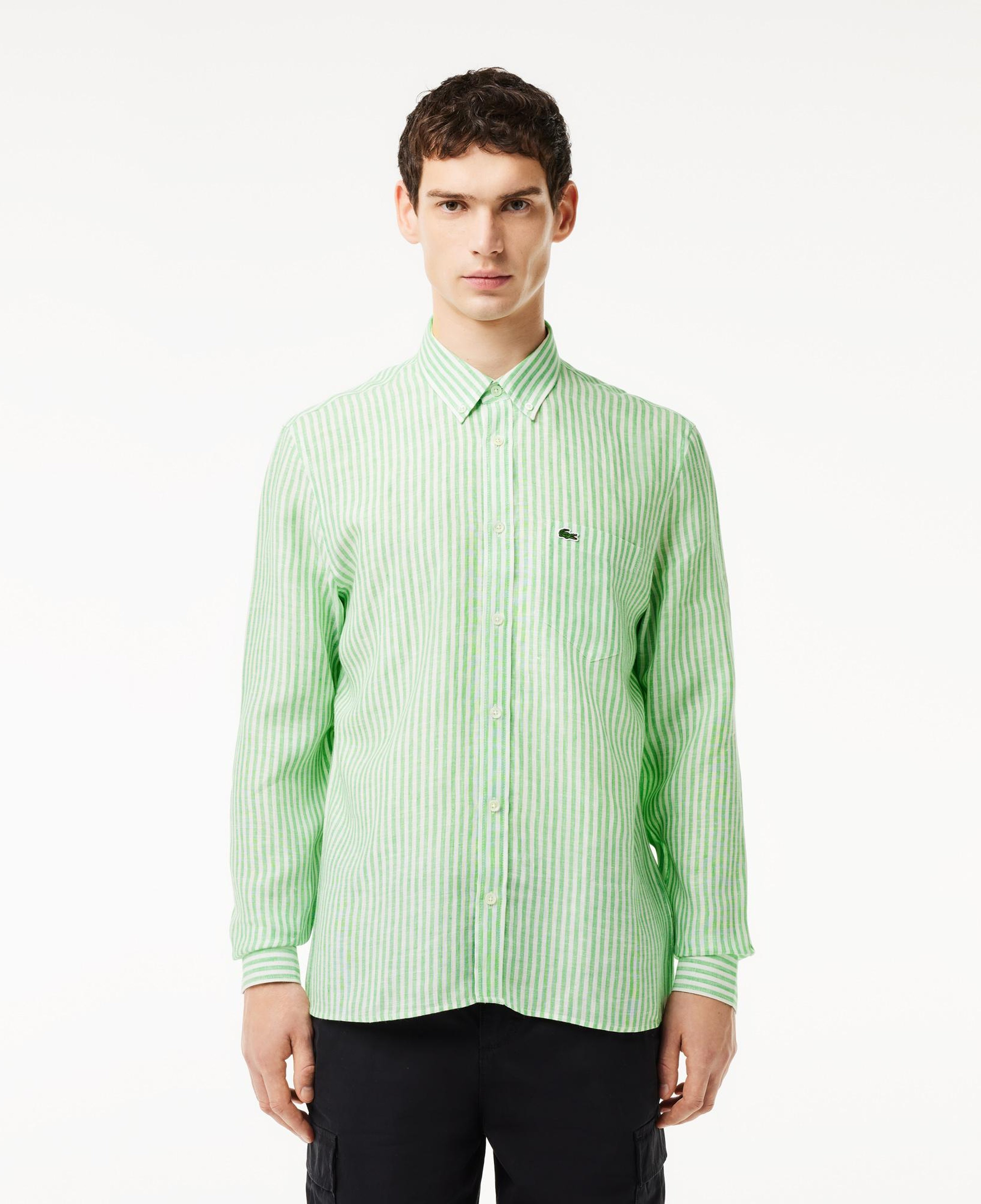 Lacoste Erkek Regular Fit Düğmeli Yaka Çizgili Keten Yeşil Gömlek