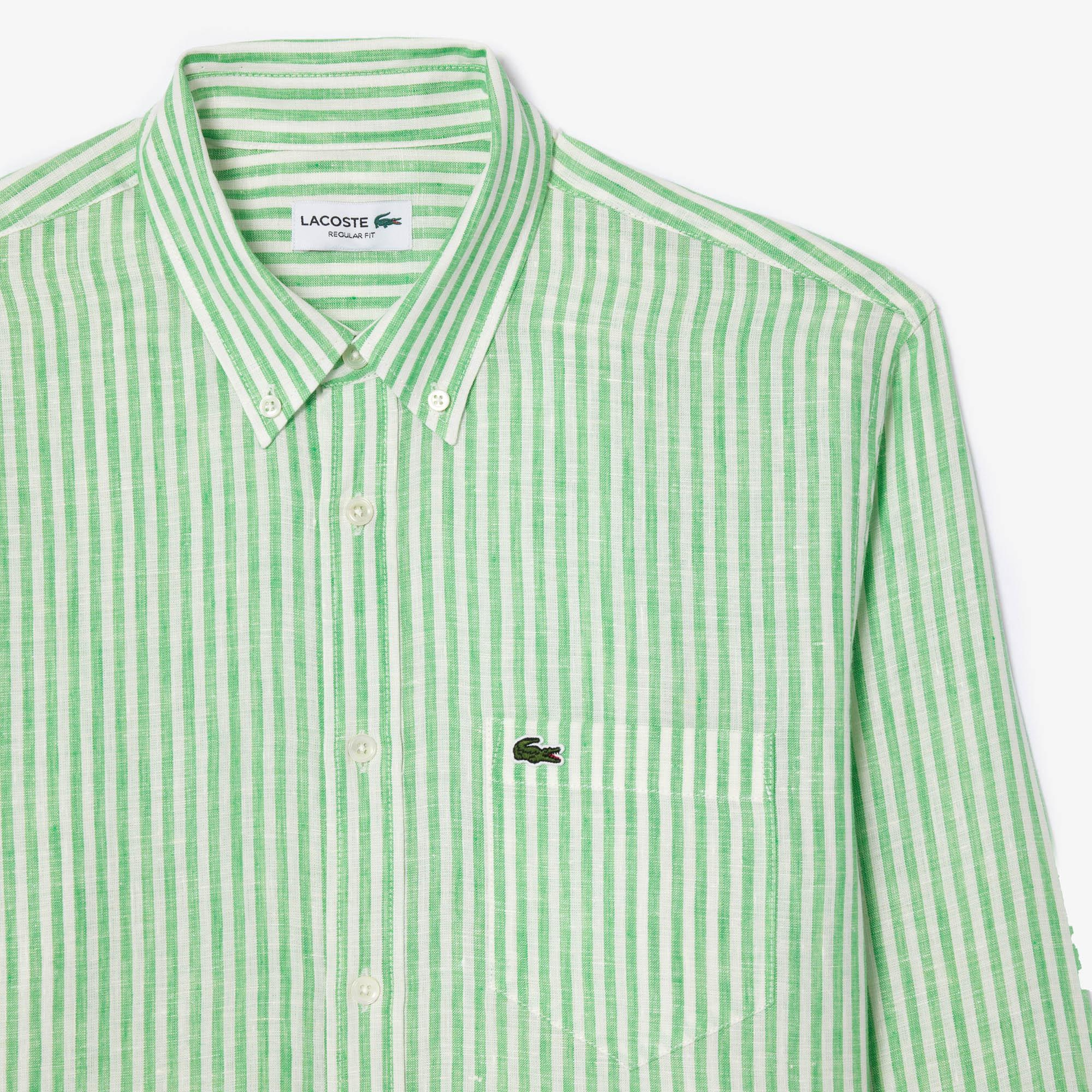 Lacoste Erkek Regular Fit Düğmeli Yaka Çizgili Keten Yeşil Gömlek