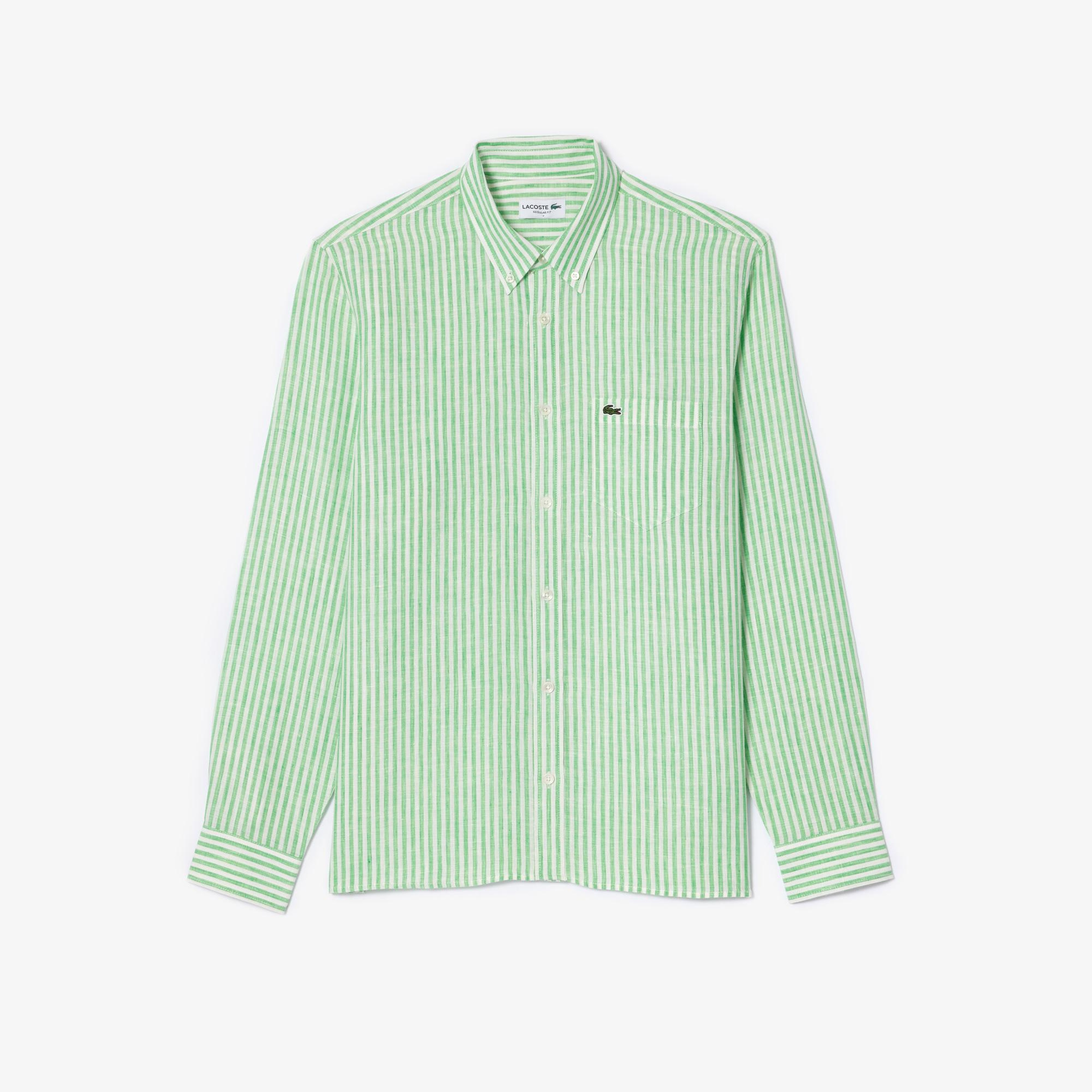 Lacoste Erkek Regular Fit Düğmeli Yaka Çizgili Keten Yeşil Gömlek