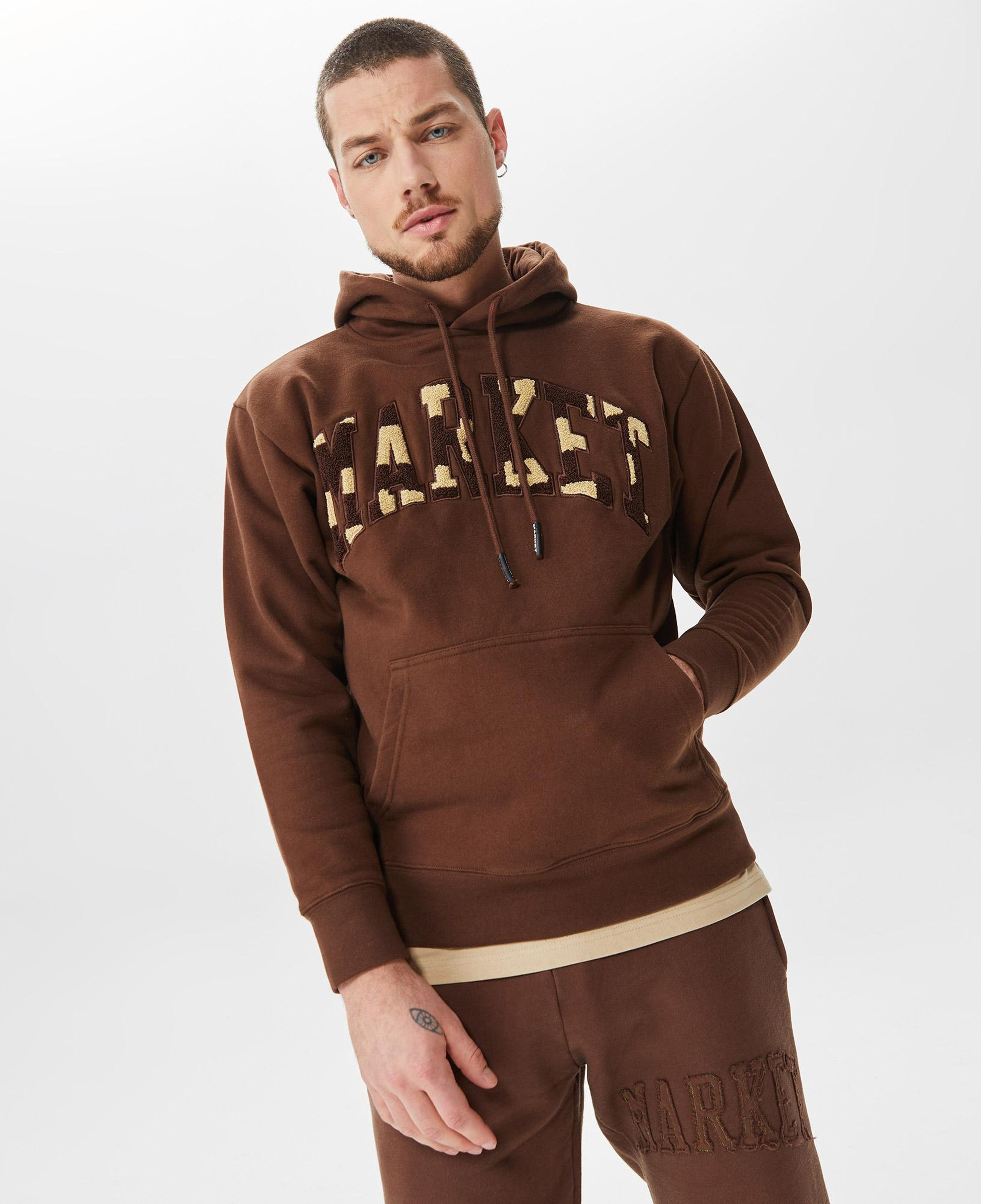 Market Chess Club Applique Fleece Erkek Kahverengi Hoodie