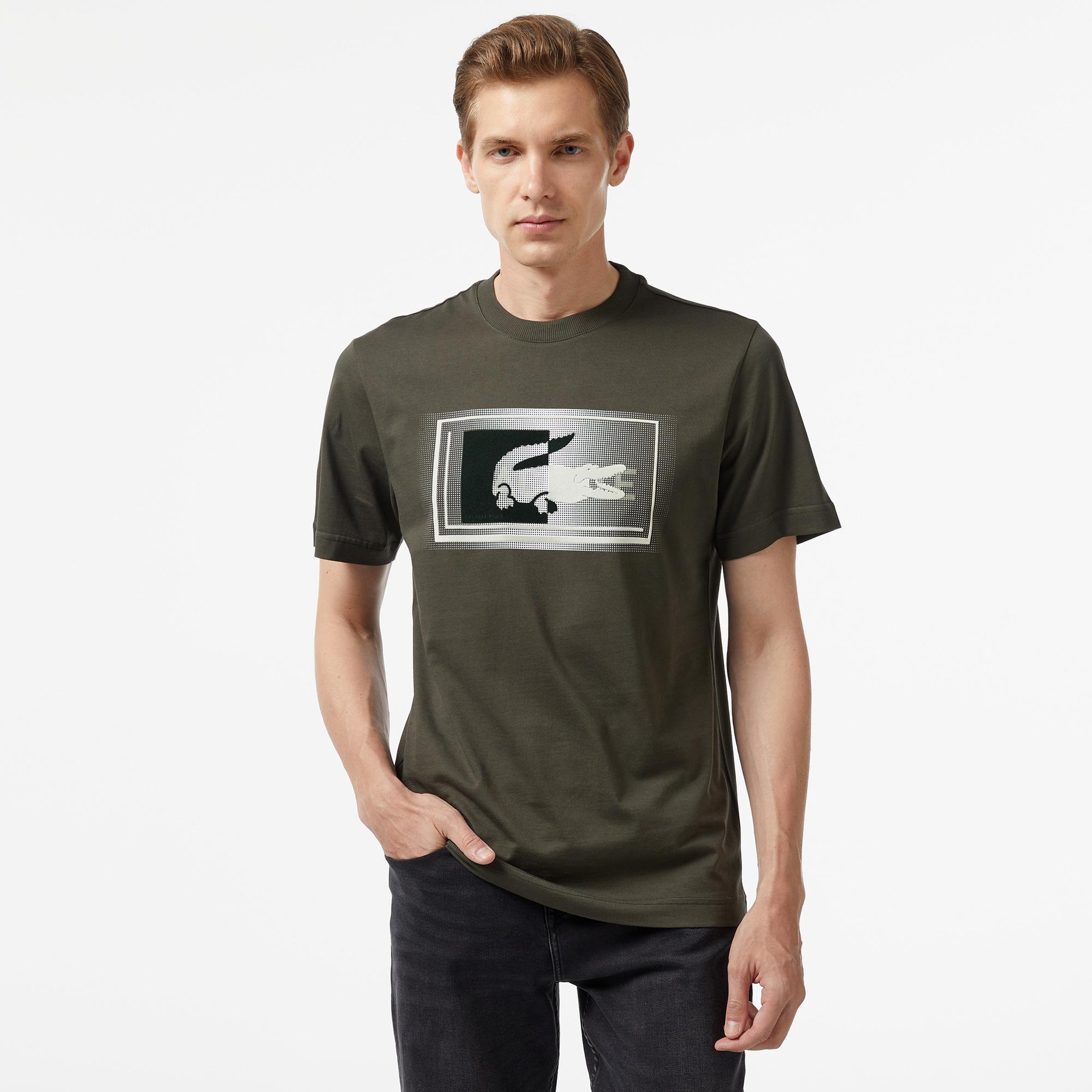 Erkek Regular Fit Bisiklet Yaka Baskılı Haki Modal Karışımlı T-Shirt