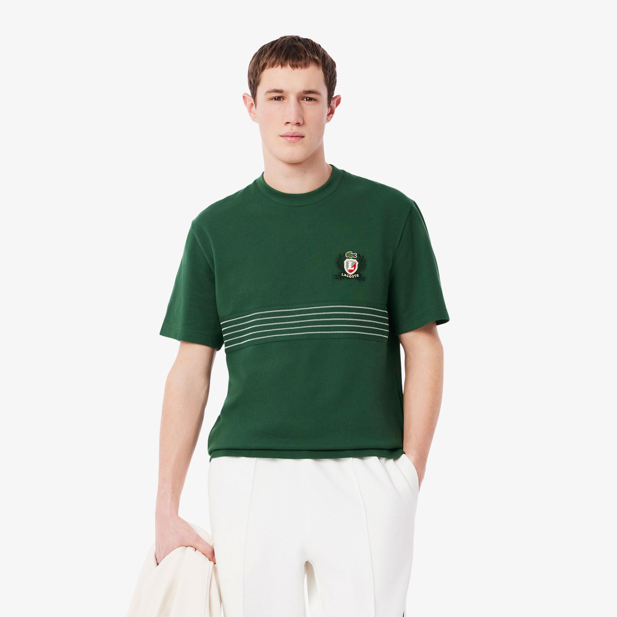Erkek Classic Fit Bisiklet Yaka Desenli Koyu Yeşil T-Shirt