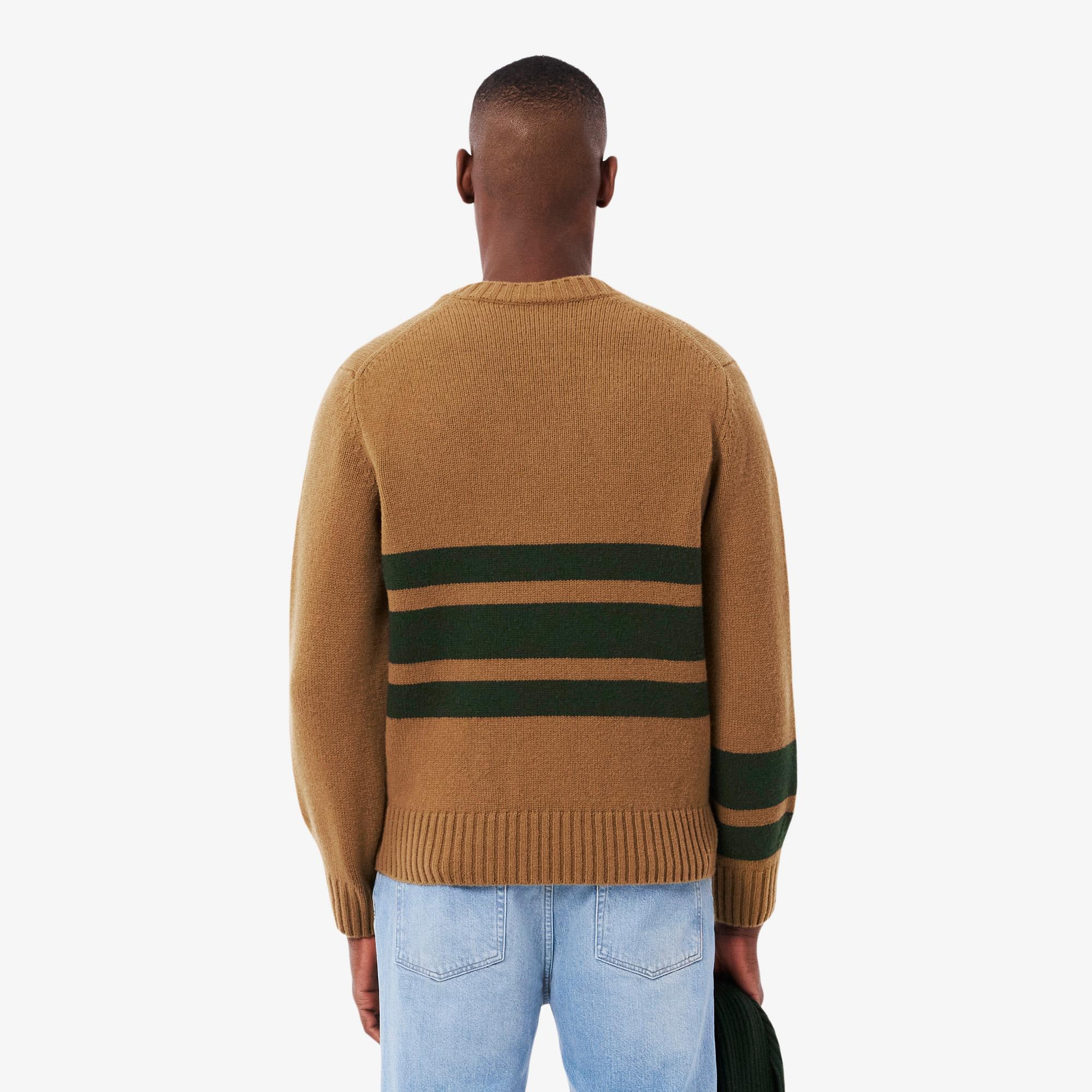 Lacoste Erkek Classic Fit V Yaka Çizgili Kahverengi Yün Kazak
