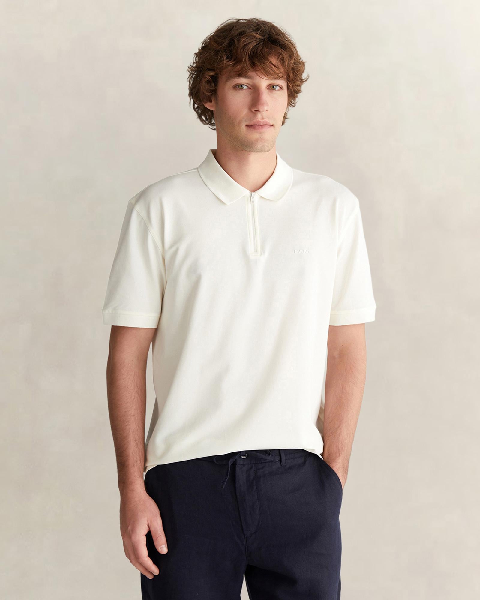 GANT Erkek Beyaz Regular Fit Yarım Fermuarlı Polo Yaka T-Shirt