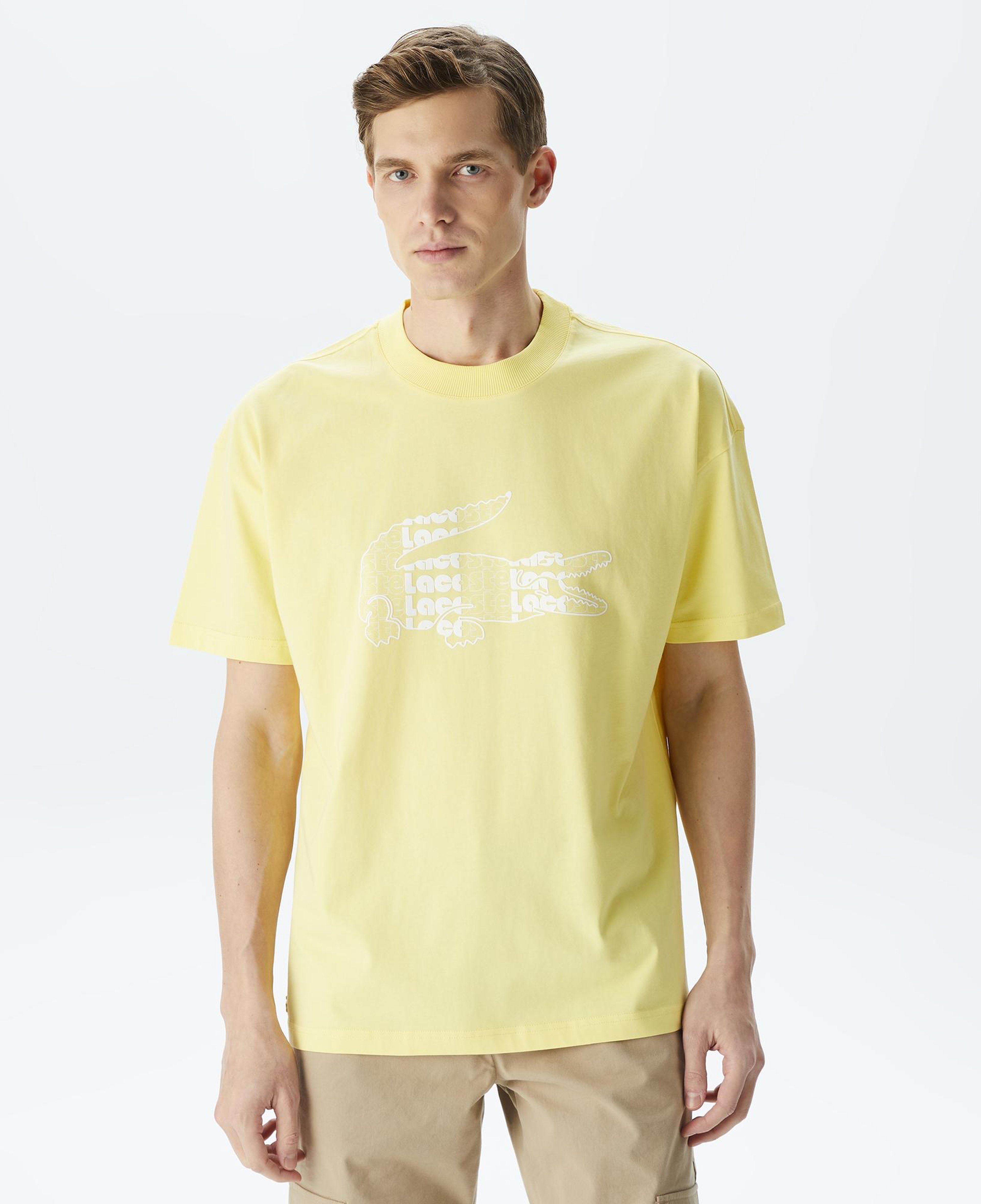 Erkek Oversize Fit Bisiklet Yaka Baskılı Sarı T-Shirt