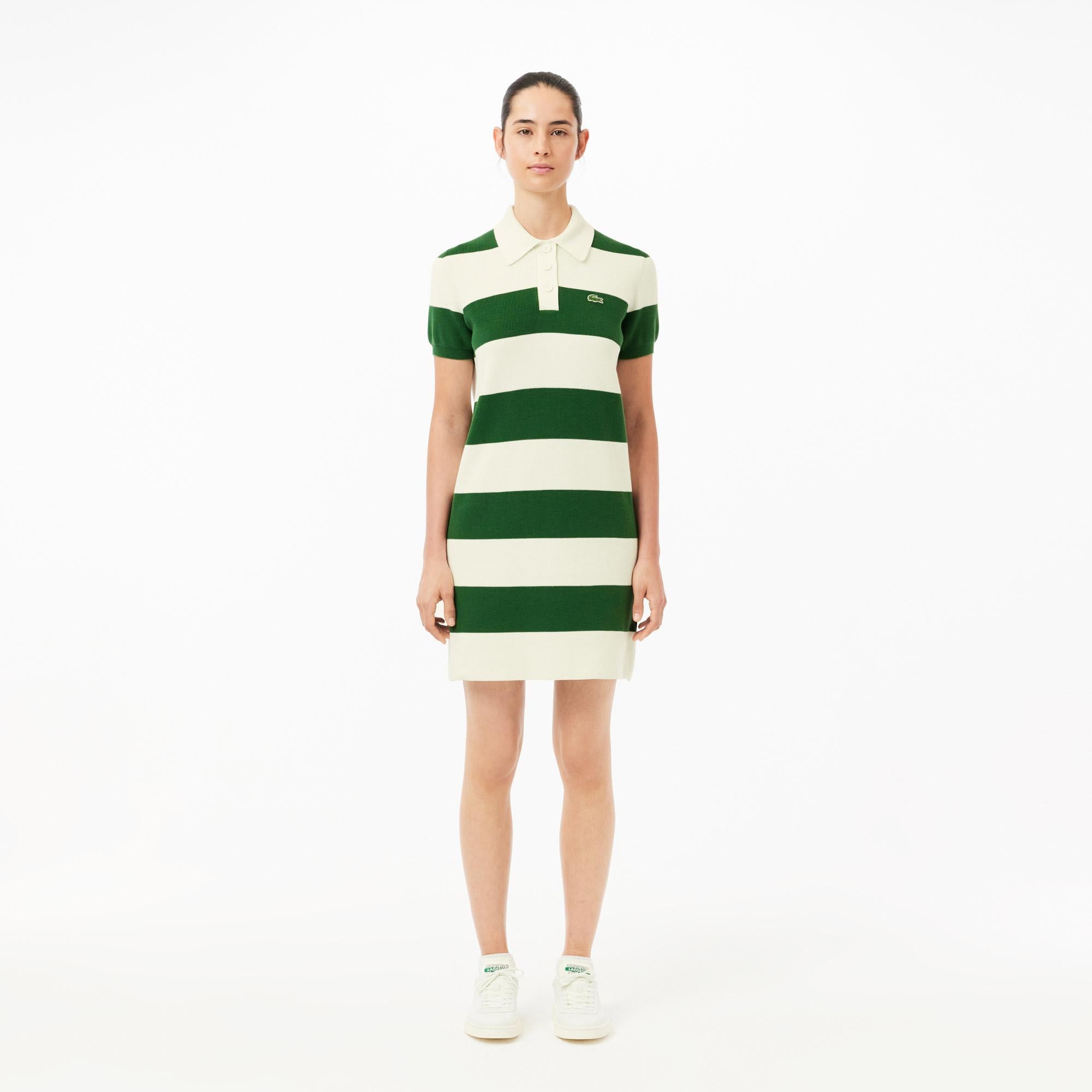 Kadın Slim Fit Polo Yaka Çizgili Beyaz Elbise