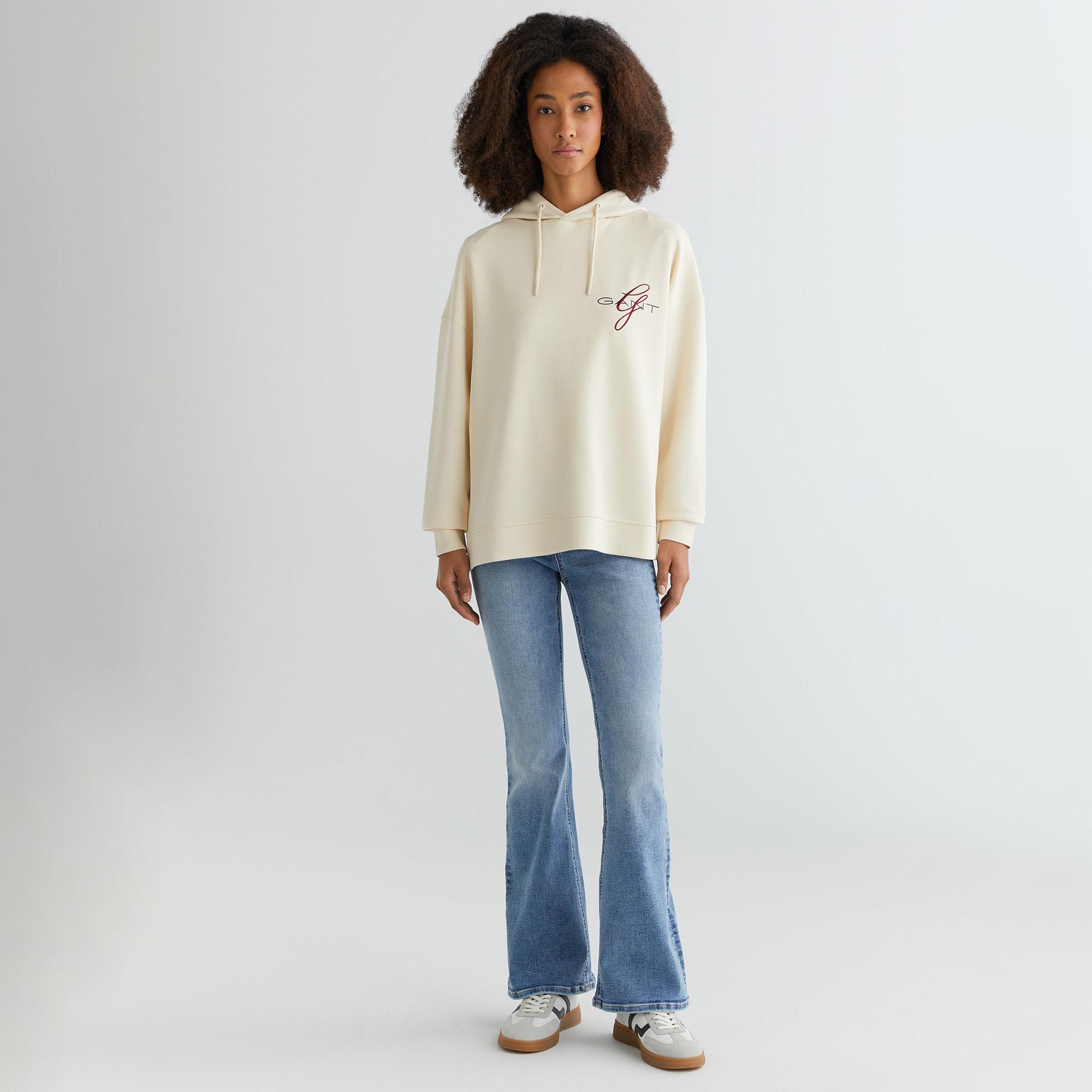 GANT Kadın Krem Oversize Fit Kapüşonlu Logolu Sweatshirt