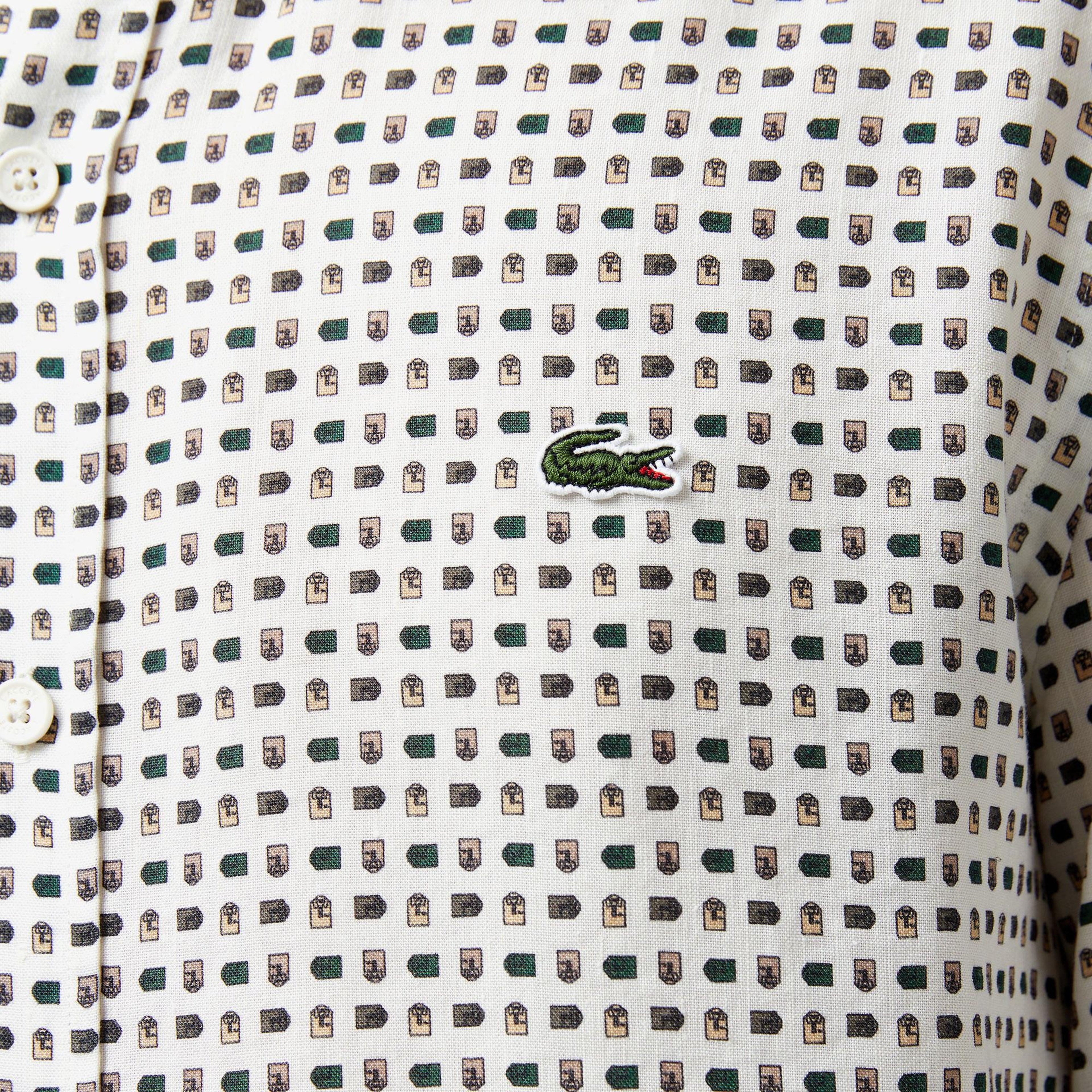 Erkek Slim Fit Düğmeli Yaka Desenli Bej Gömlek