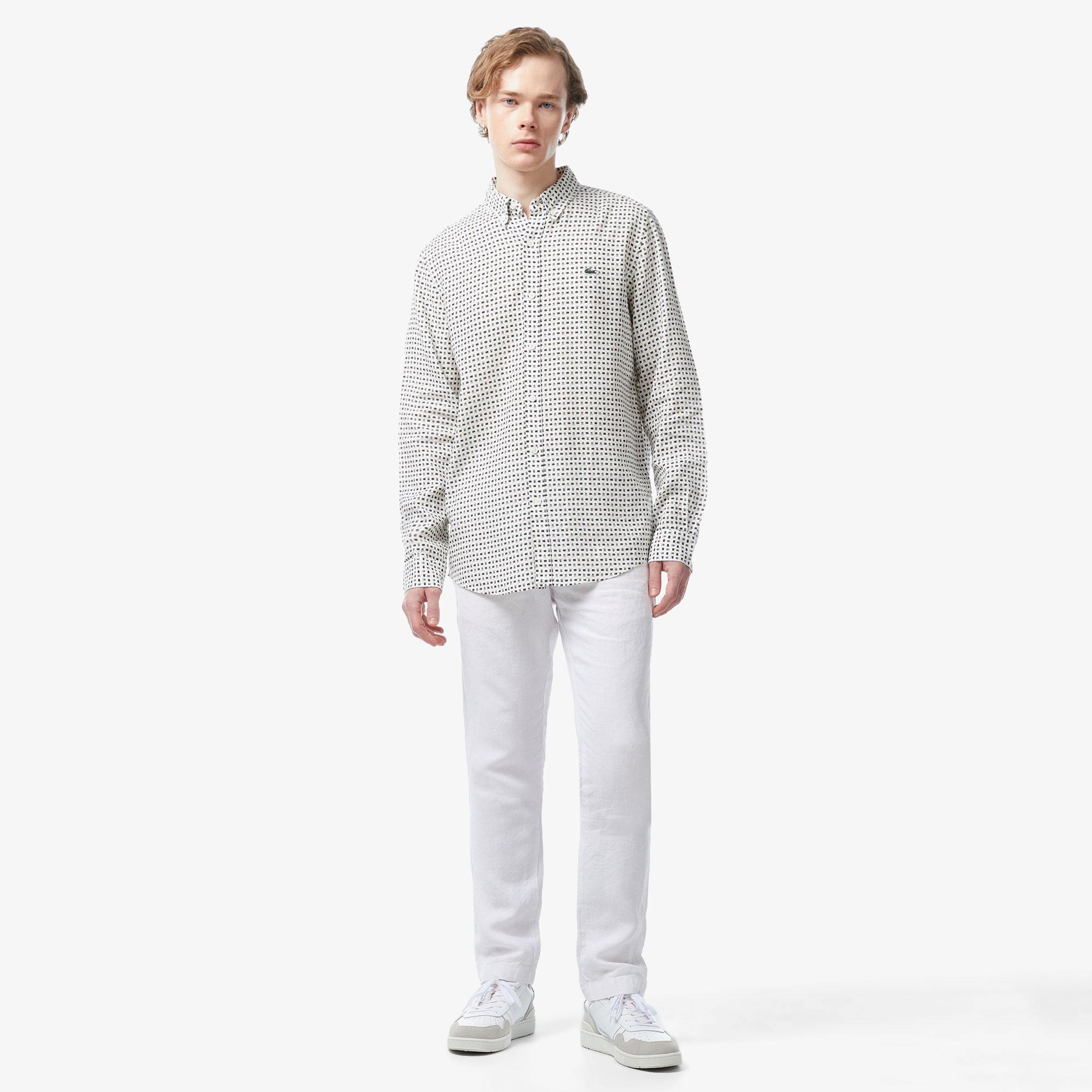 Erkek Slim Fit Düğmeli Yaka Desenli Bej Gömlek