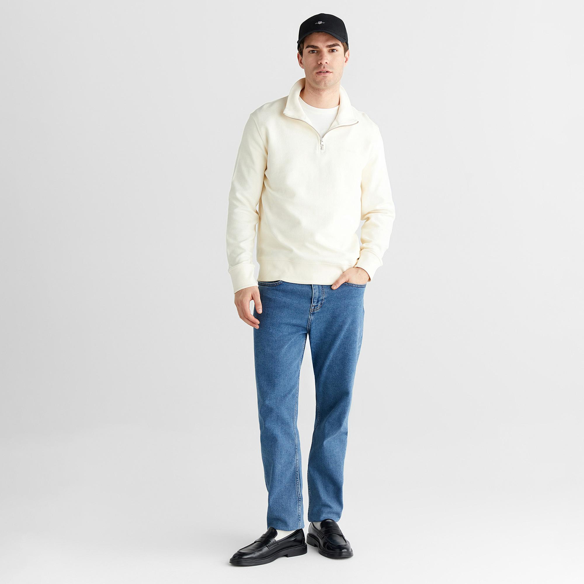 GANT Erkek Krem Yarım Fermuarlı Herringbone Kazak