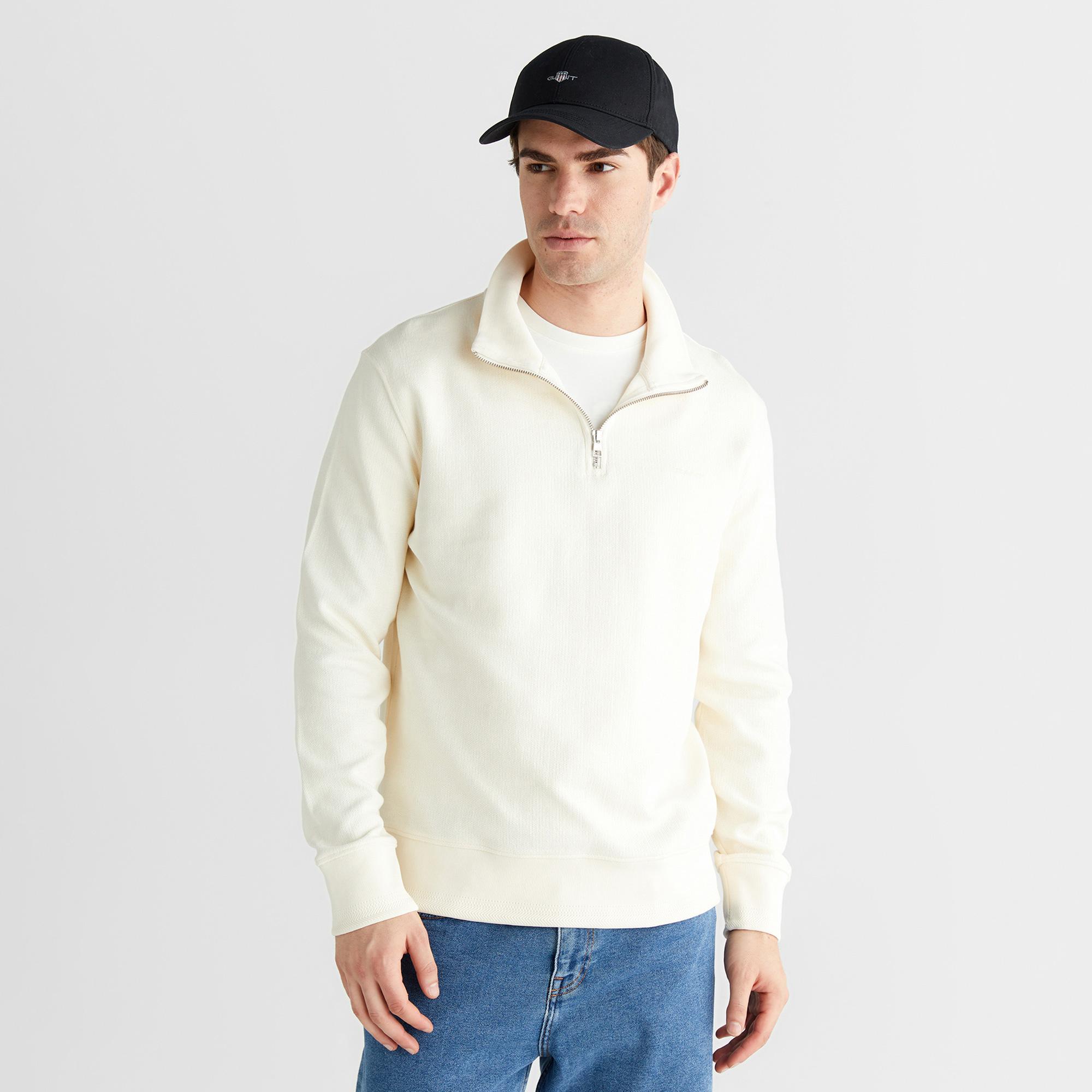 GANT Erkek Krem Yarım Fermuarlı Herringbone Kazak