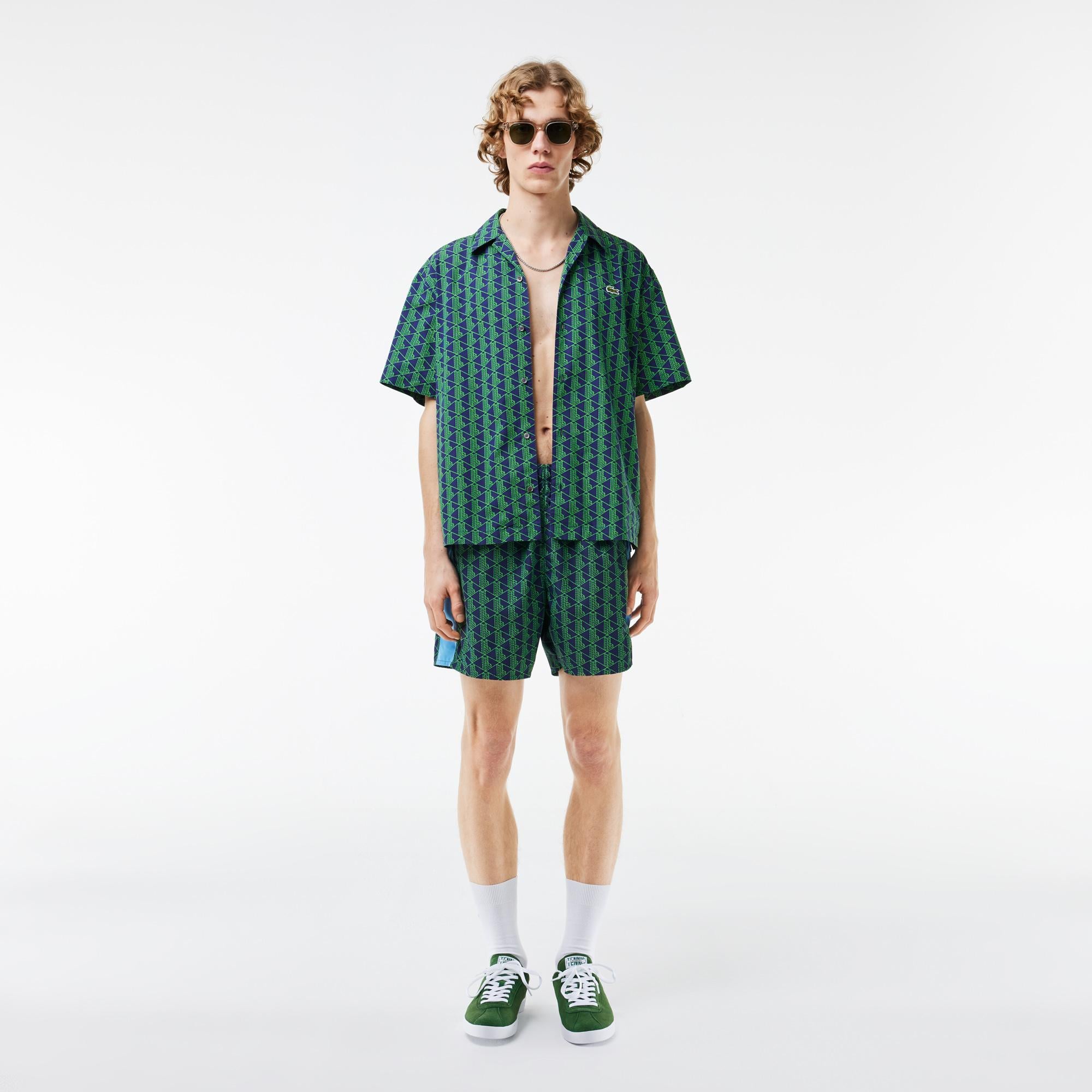Erkek Relaxed Fit Kısa Kollu Monogram Yeşil Gömlek