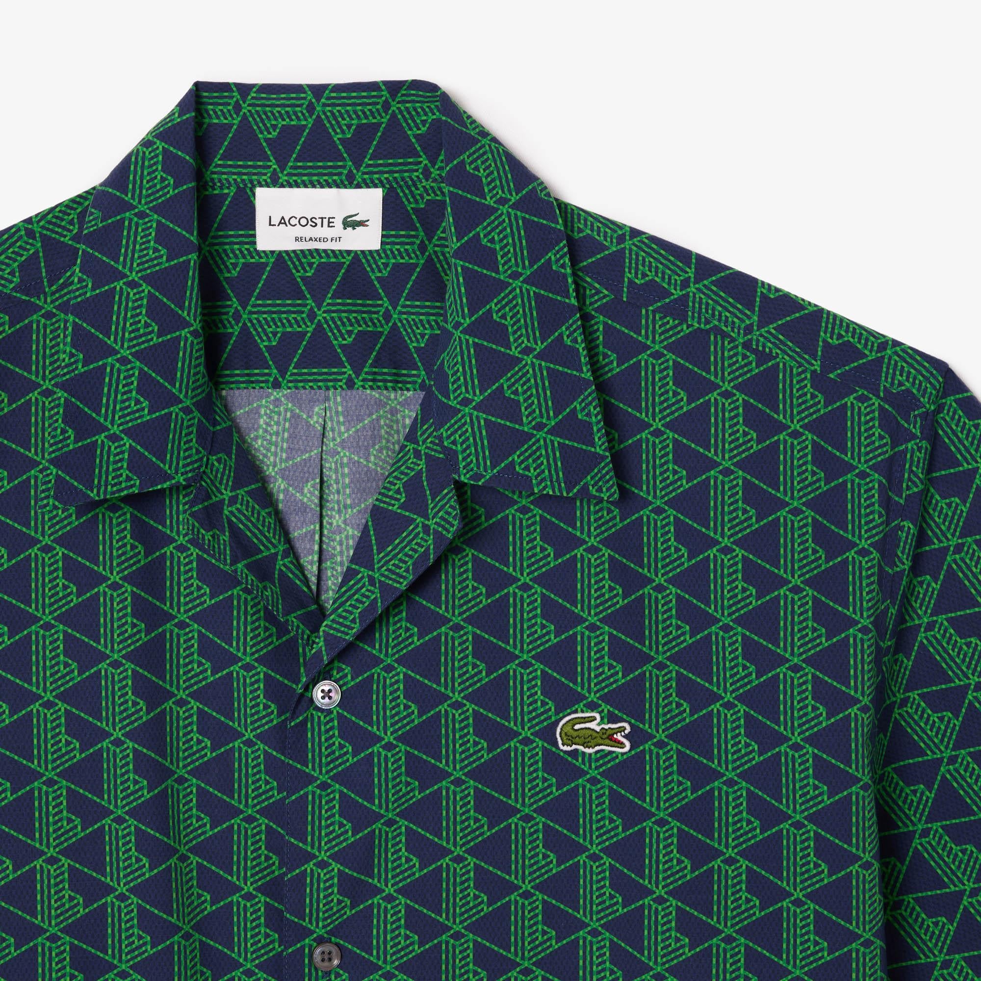 Erkek Relaxed Fit Kısa Kollu Monogram Yeşil Gömlek