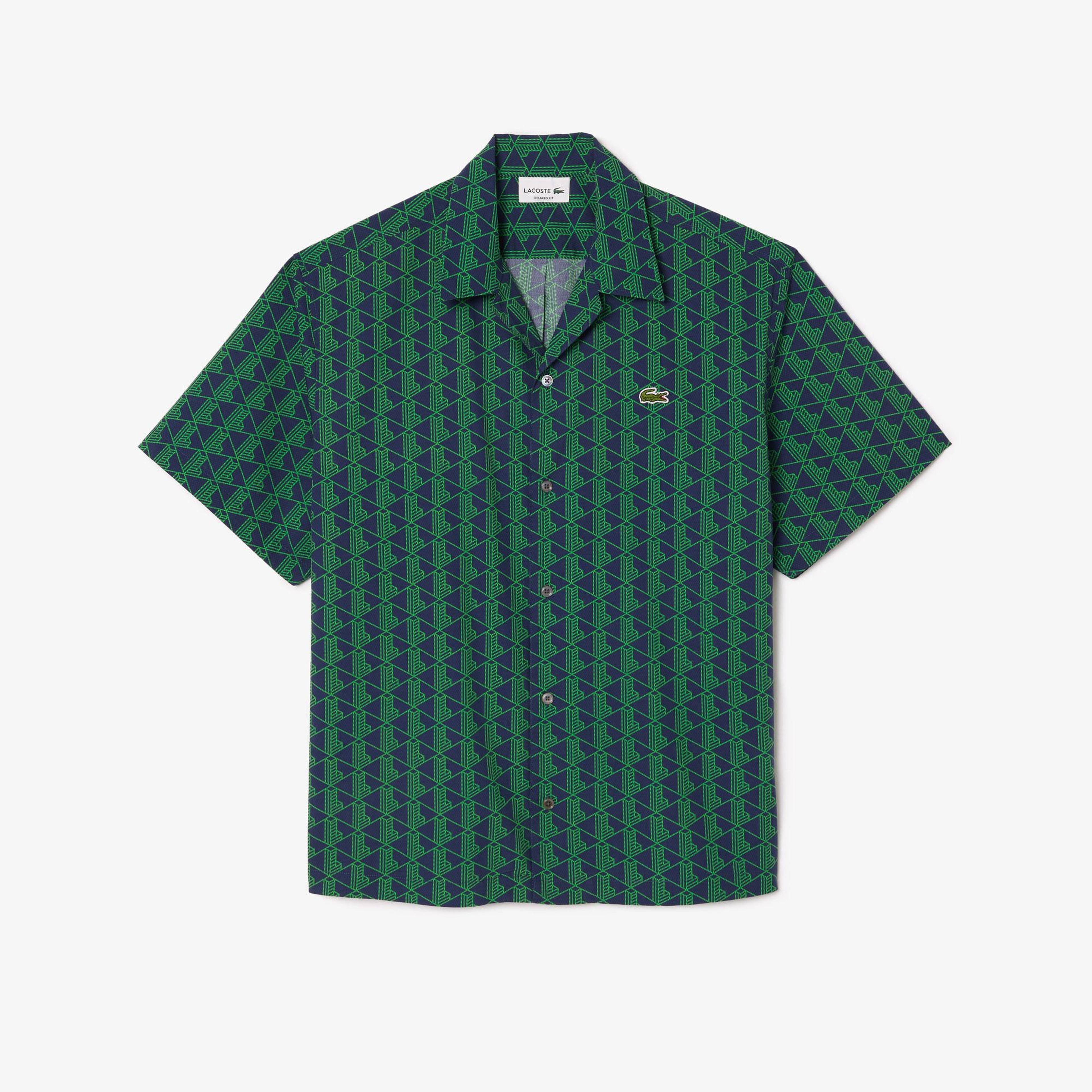 Erkek Relaxed Fit Kısa Kollu Monogram Yeşil Gömlek