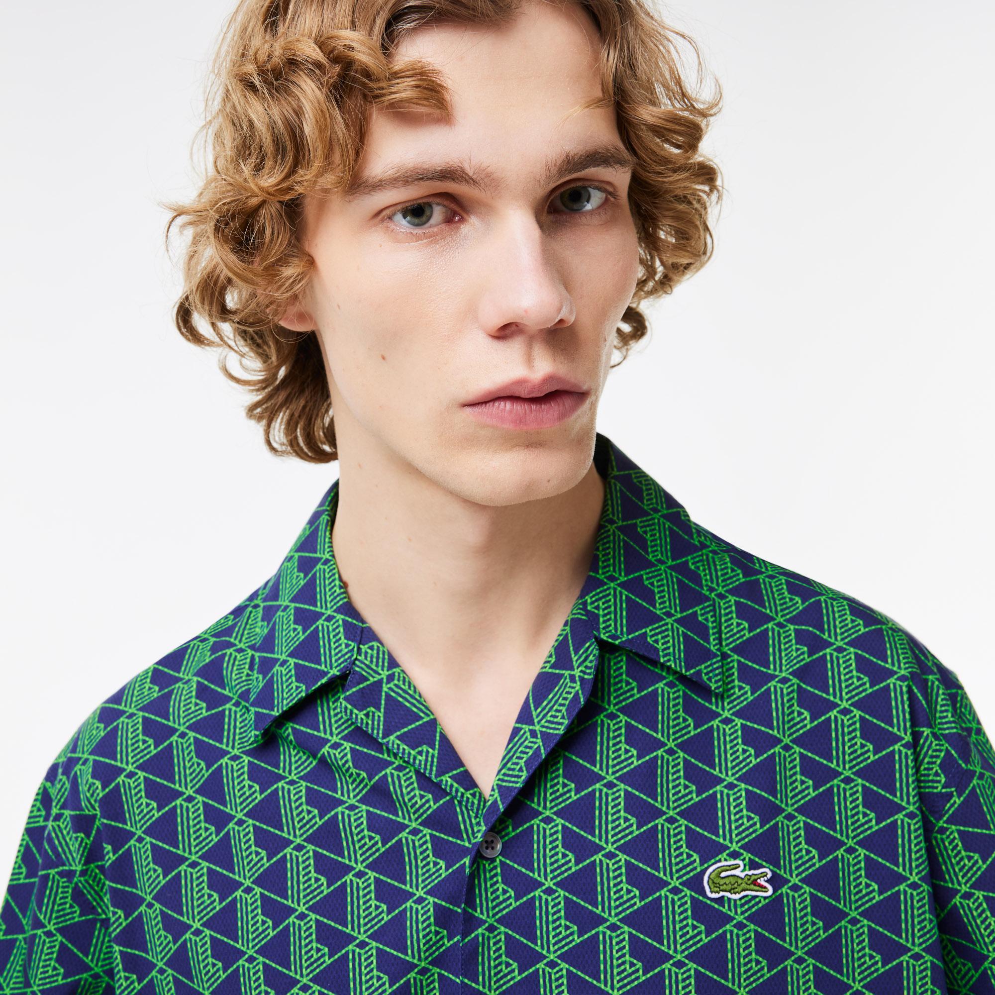 Erkek Relaxed Fit Kısa Kollu Monogram Yeşil Gömlek