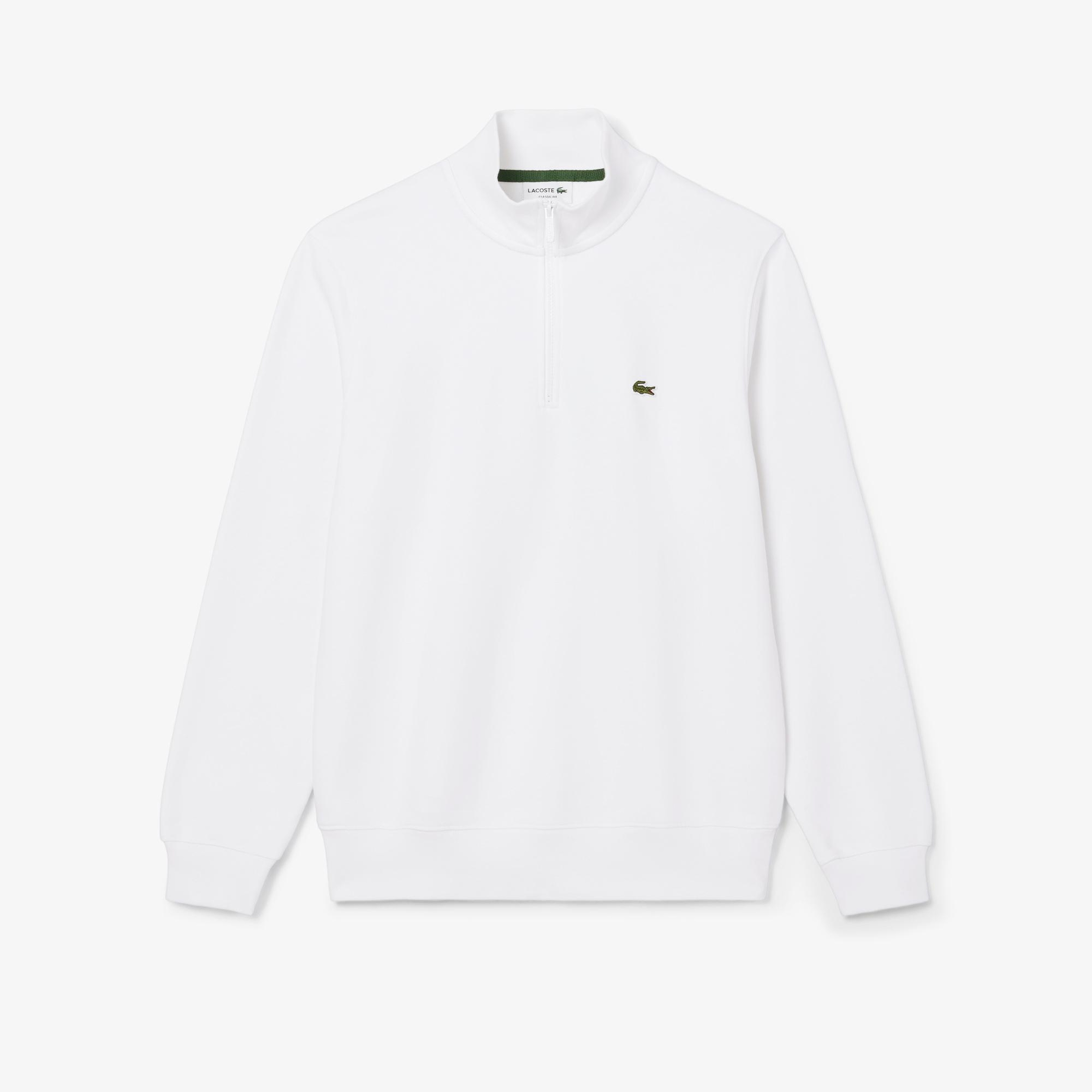 Erkek Classic Fit Yarım Fermuarlı Beyaz Sweatshirt