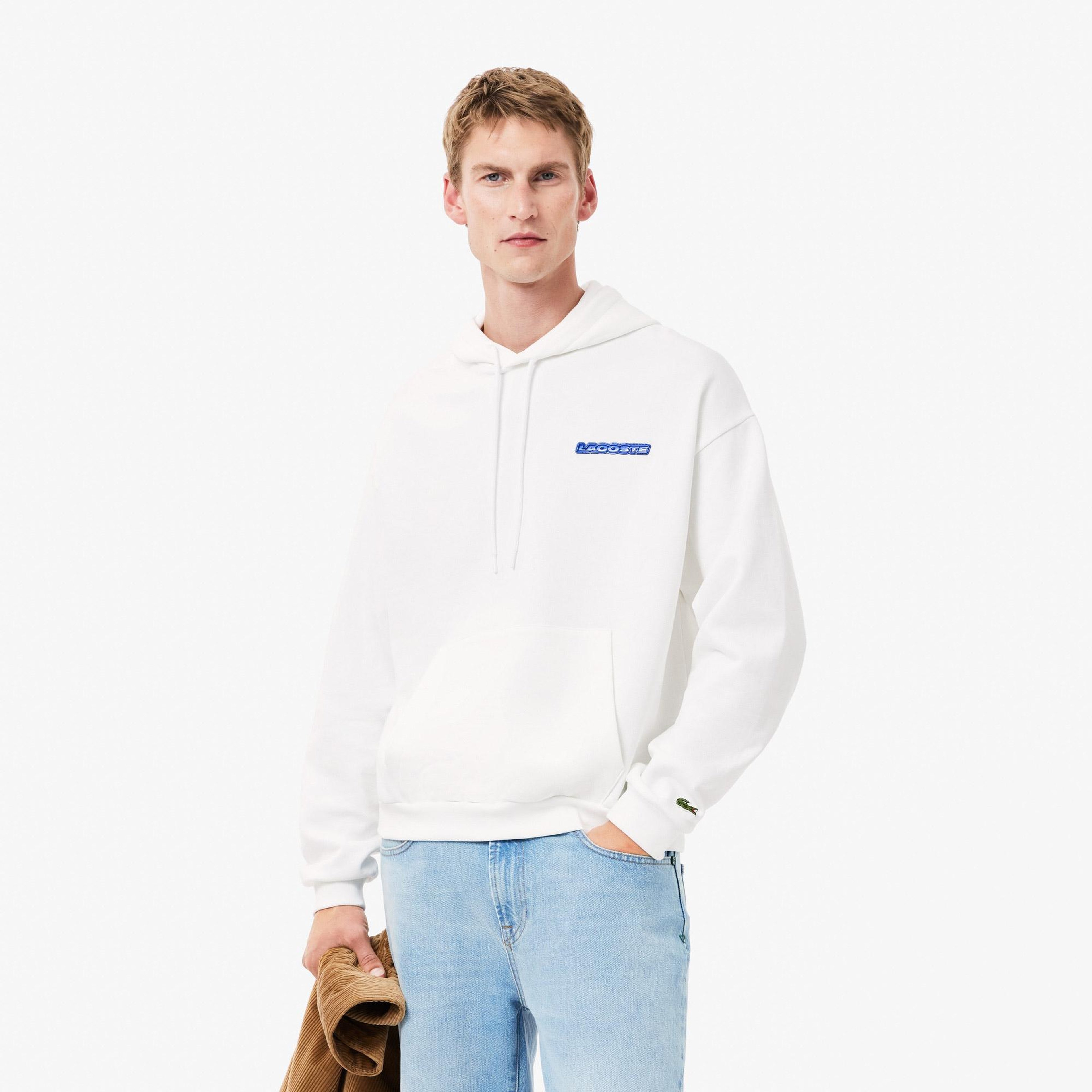 Erkek Loose Fit Kapüşonlu Baskılı Beyaz Sweatshirt