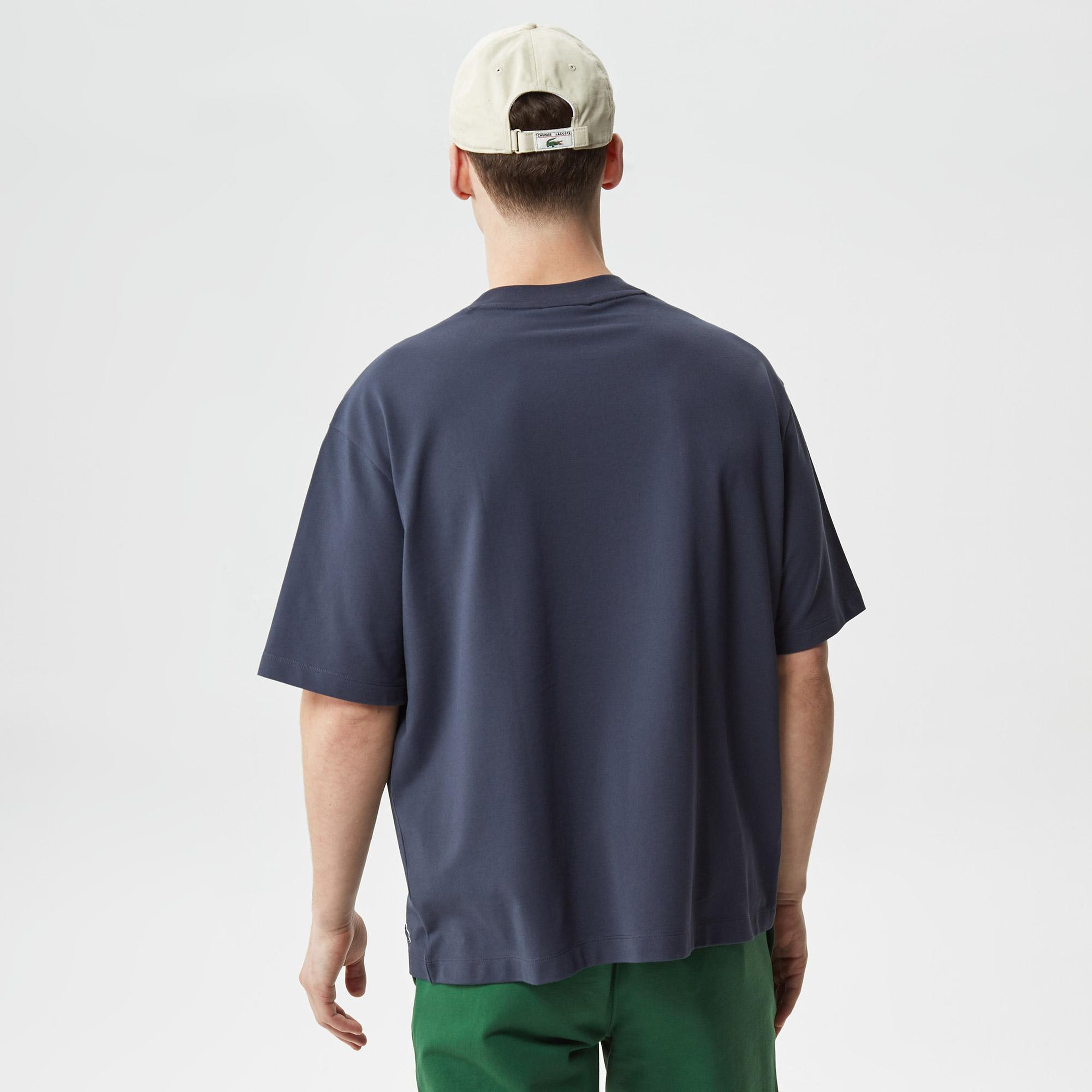 Erkek Loose Fit Bisiklet Yaka Organik Pamuk Baskılı Lacivert T-Shirt