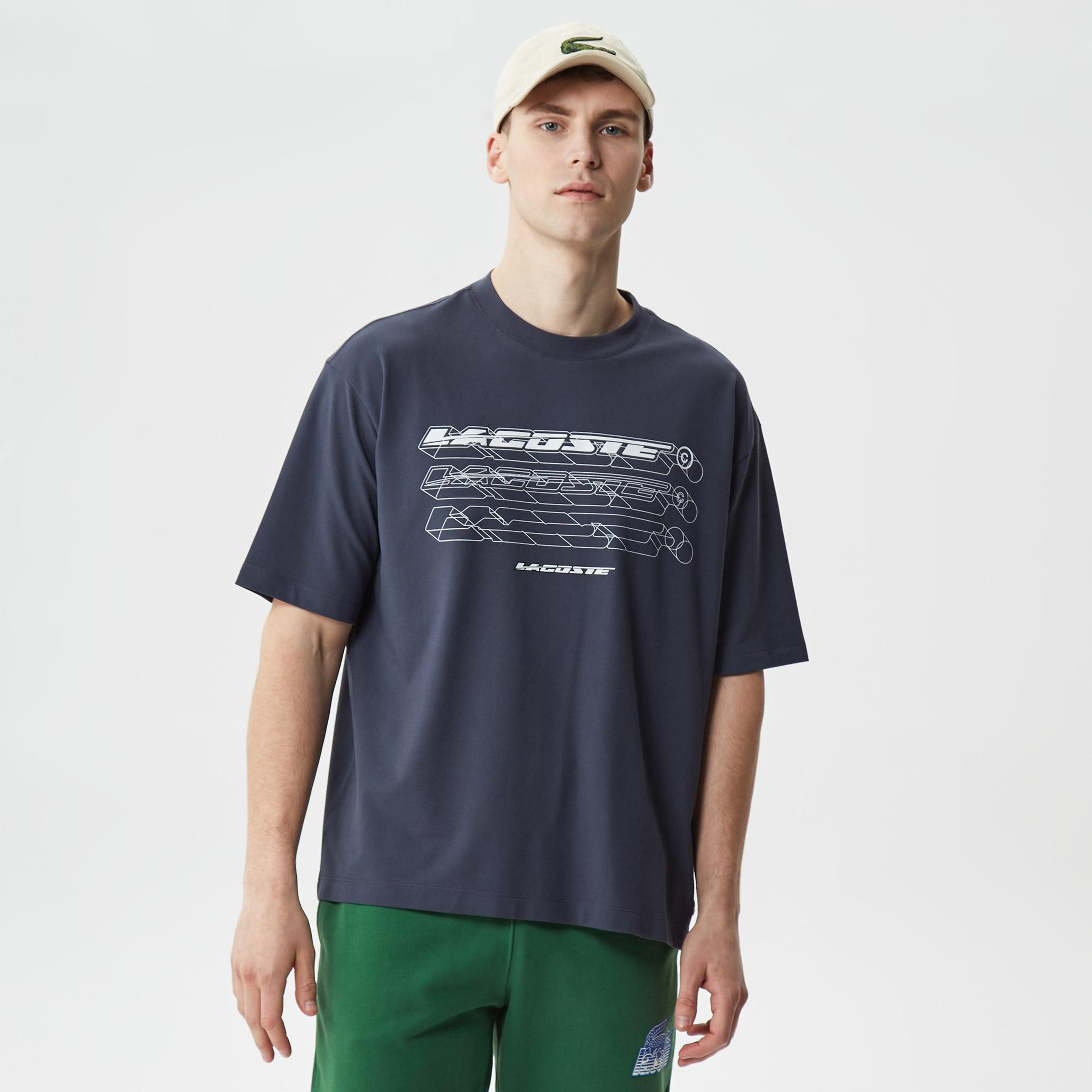 Erkek Loose Fit Bisiklet Yaka Organik Pamuk Baskılı Lacivert T-Shirt