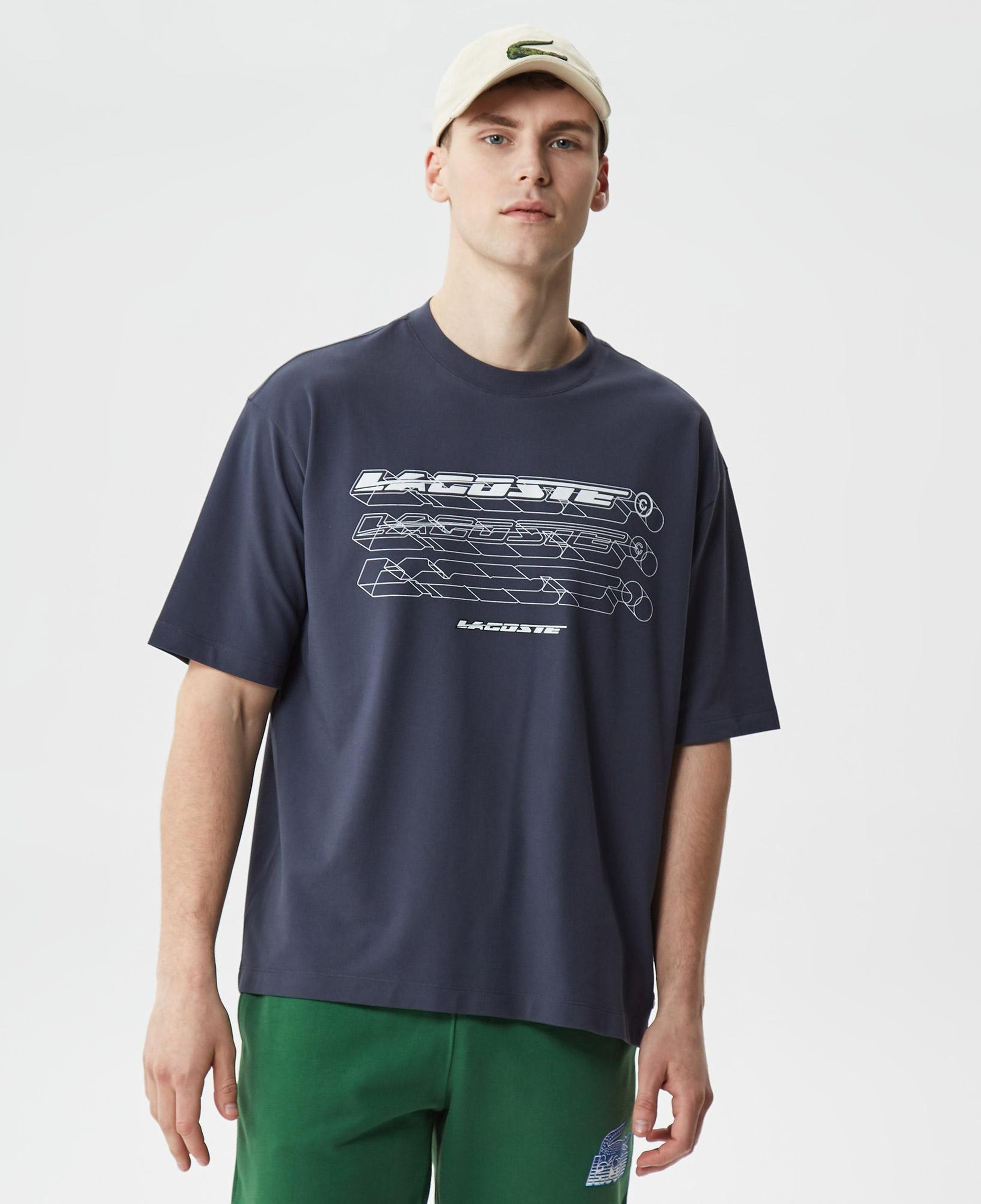 Erkek Loose Fit Bisiklet Yaka Organik Pamuk Baskılı Lacivert T-Shirt