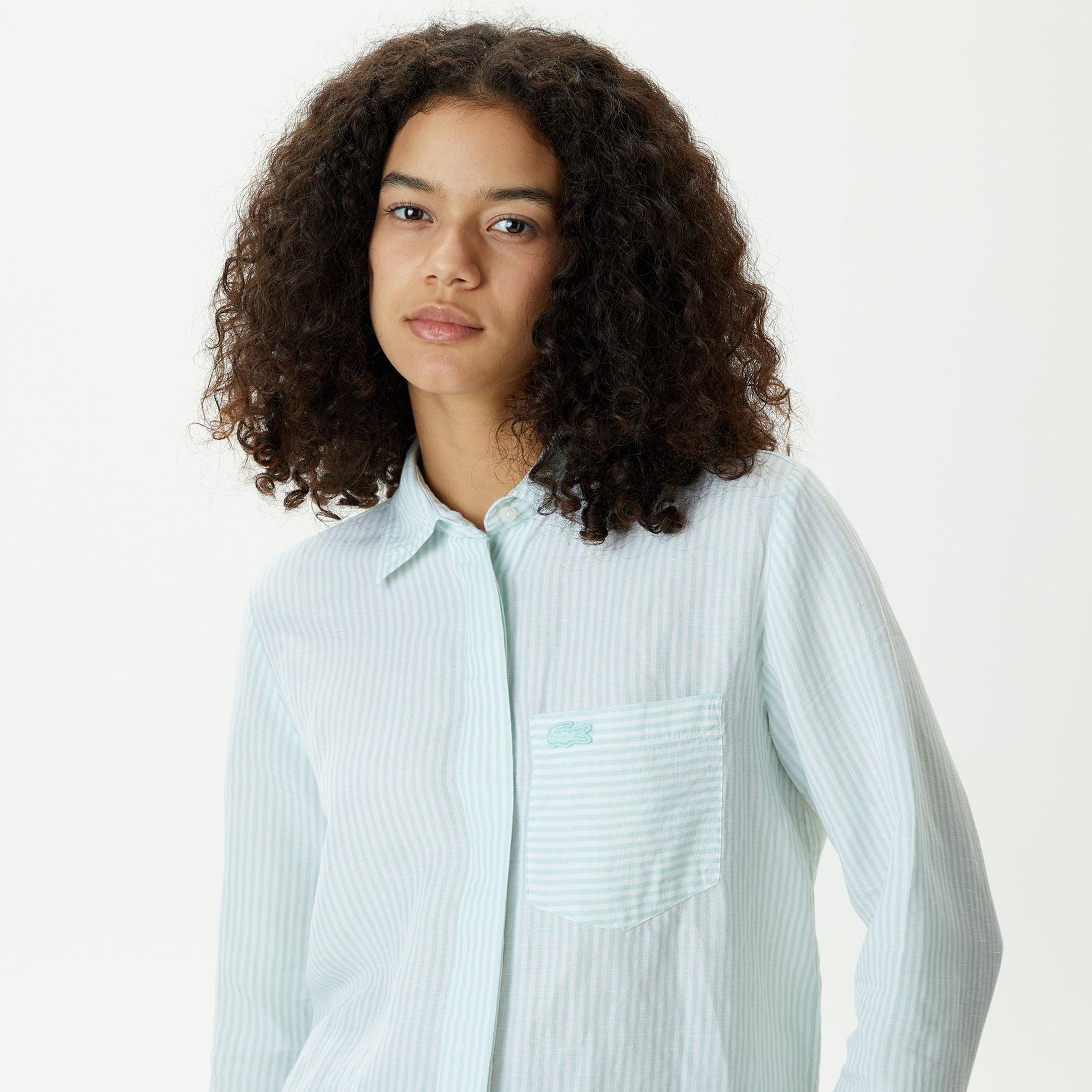 Kadın Relaxed Fit Çizgili Yeşil Gömlek