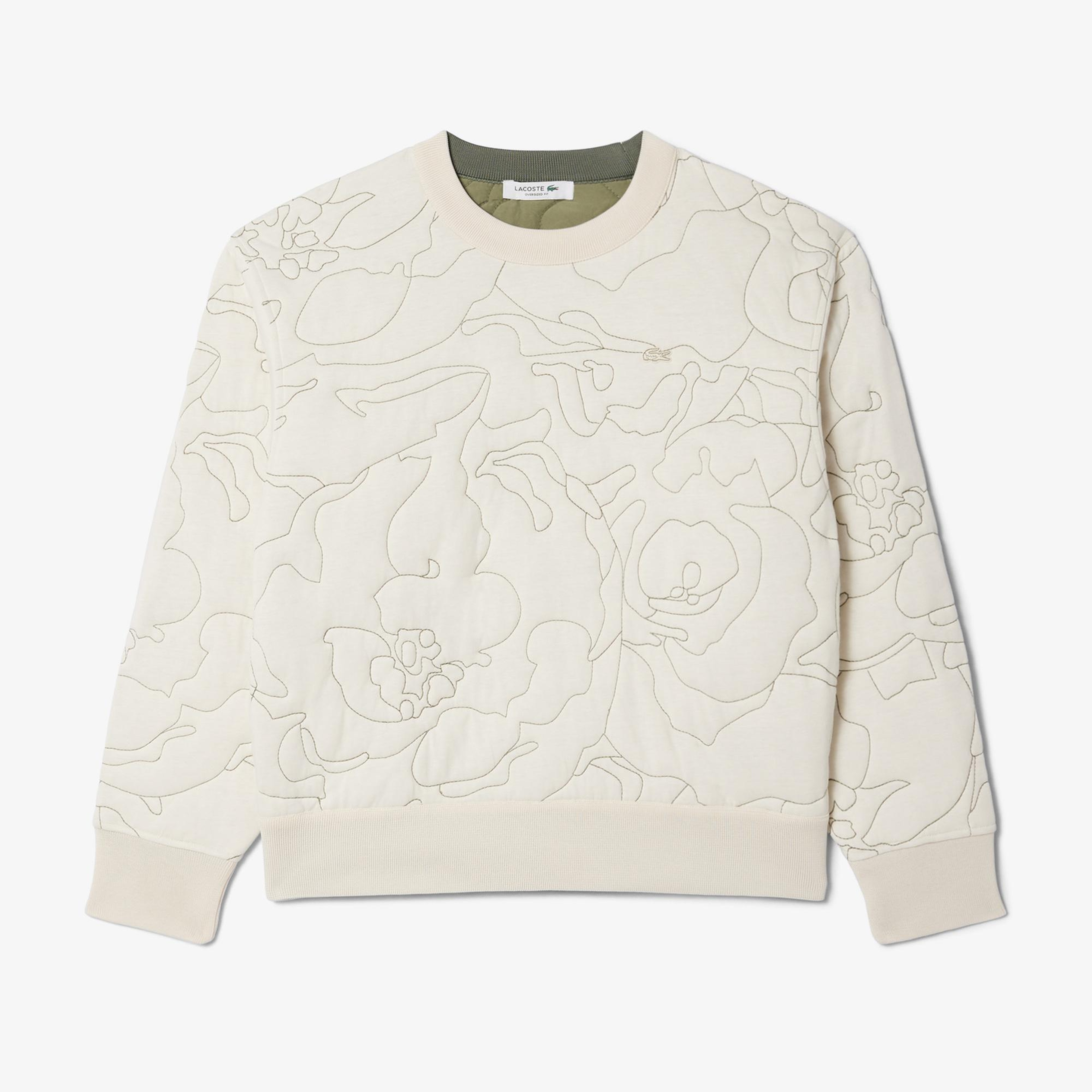 Kadın Oversize Fit Bisiklet Yaka Çift Taraflı Desenli Krem Sweatshirt