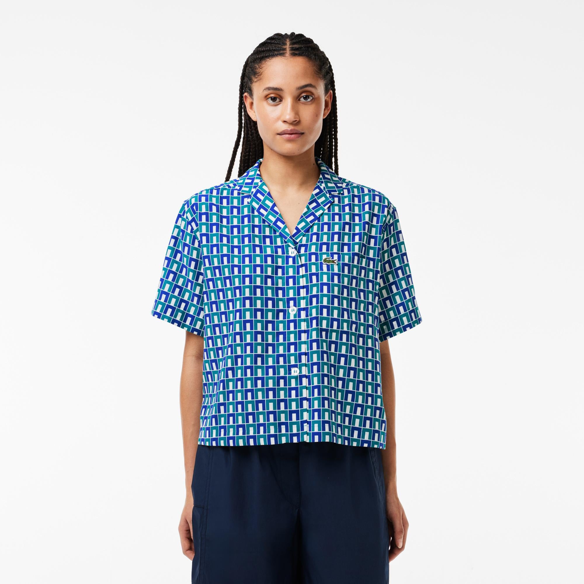 Kadın Relaxed Fit Kısa Kollu Monogram Mavi Gömlek