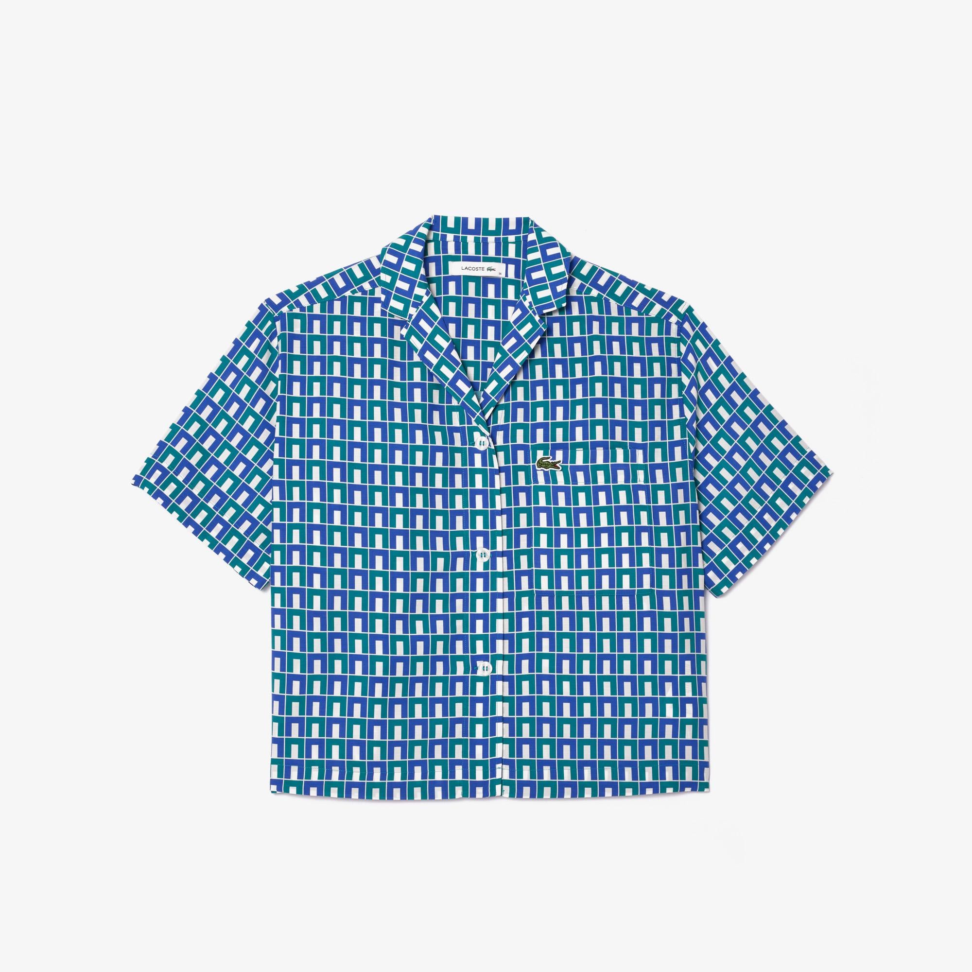 Kadın Relaxed Fit Kısa Kollu Monogram Mavi Gömlek