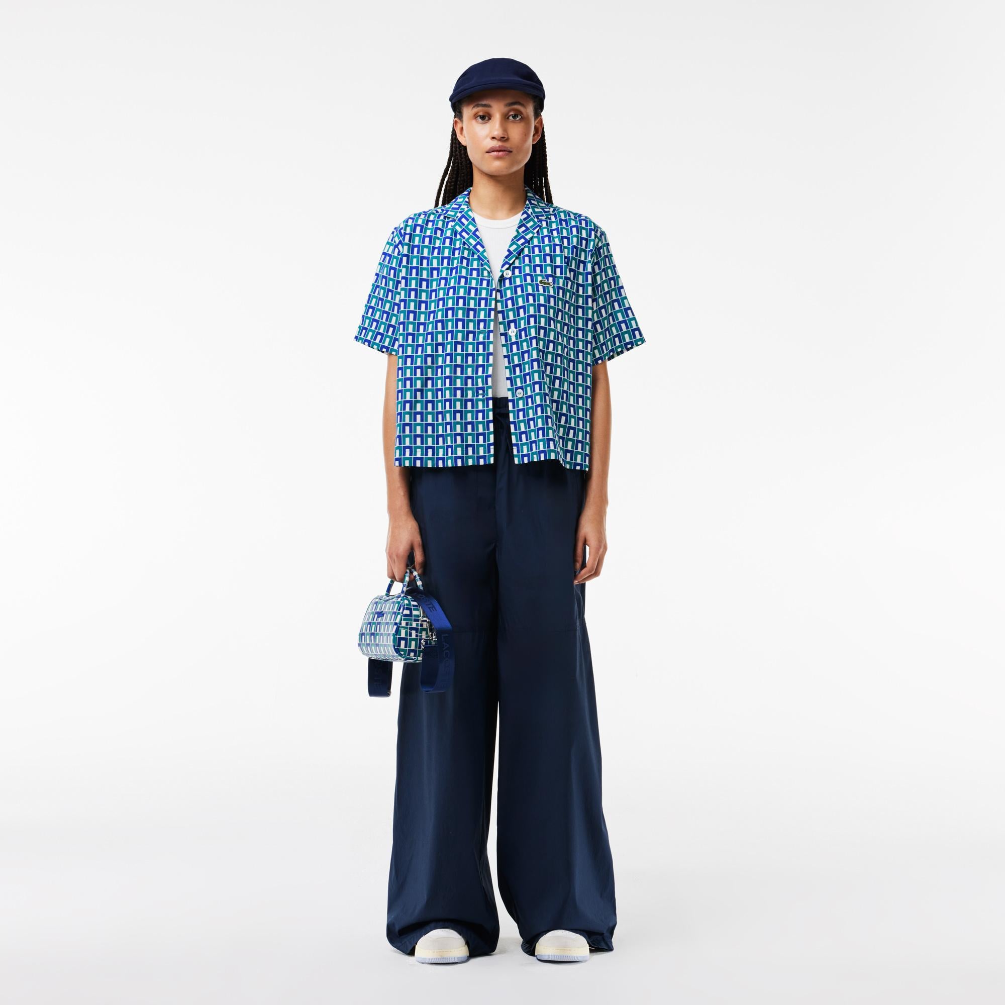 Kadın Relaxed Fit Kısa Kollu Monogram Mavi Gömlek