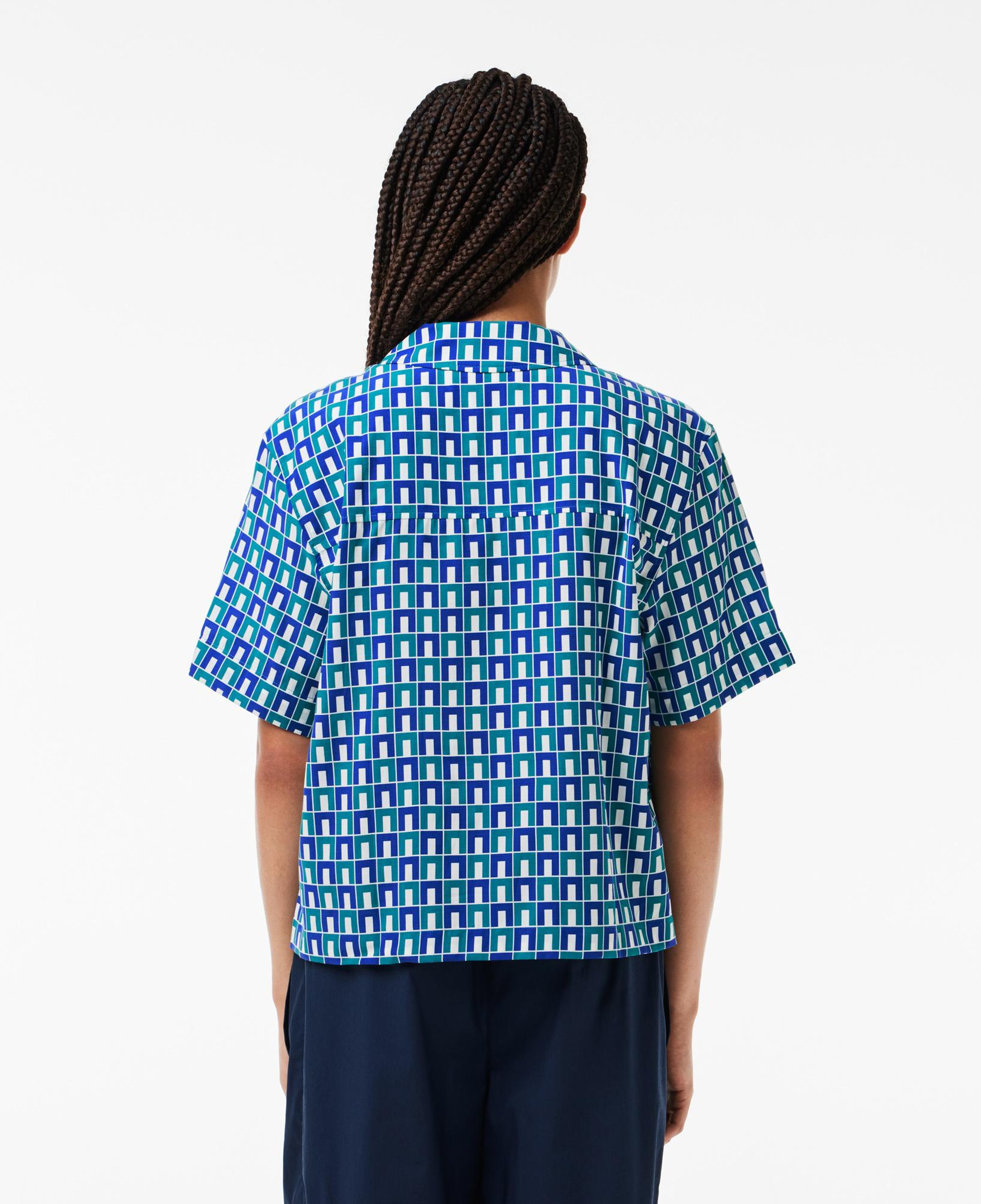 Kadın Relaxed Fit Kısa Kollu Monogram Mavi Gömlek