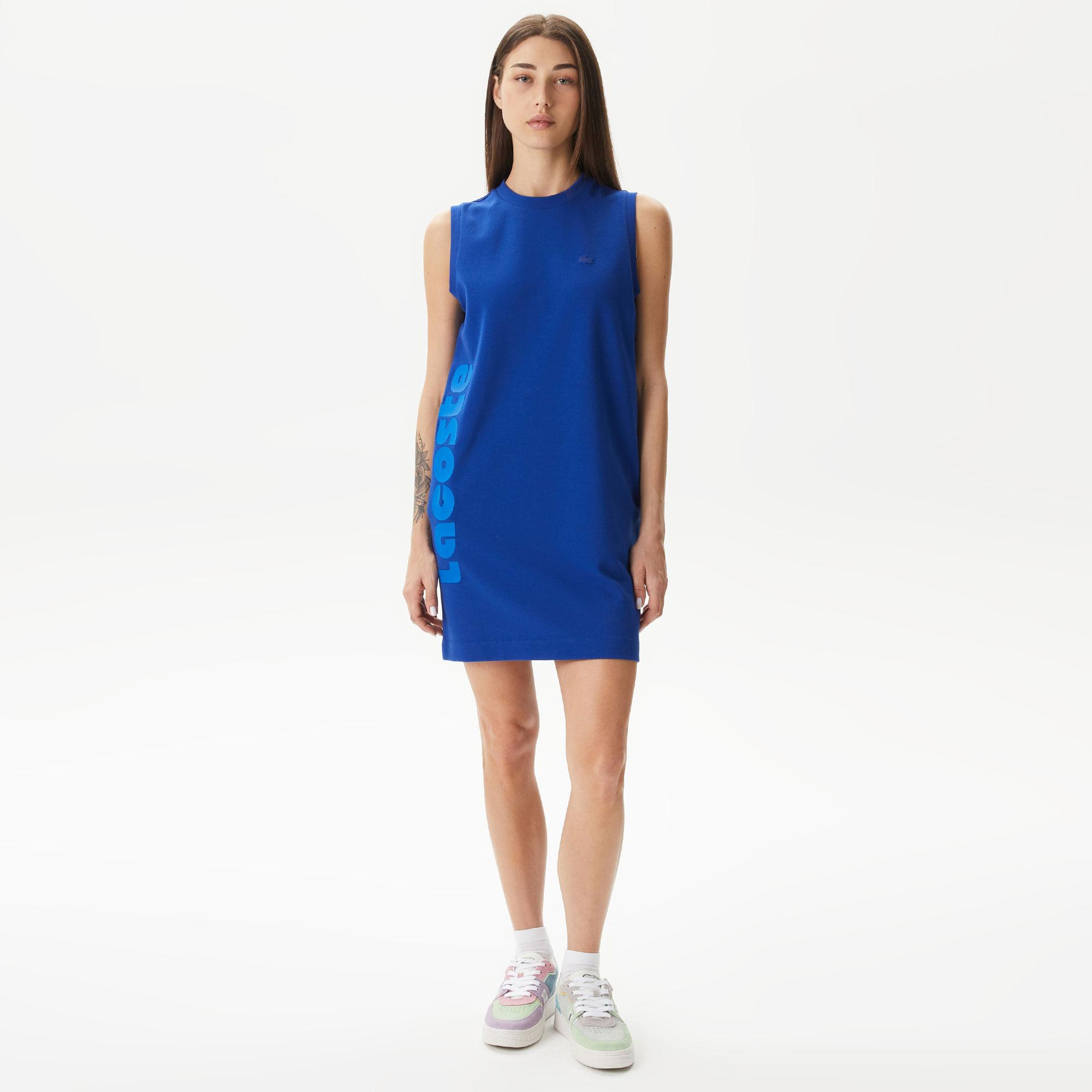 Kadın Straight Fit Kolsuz Baskılı Mavi Elbise