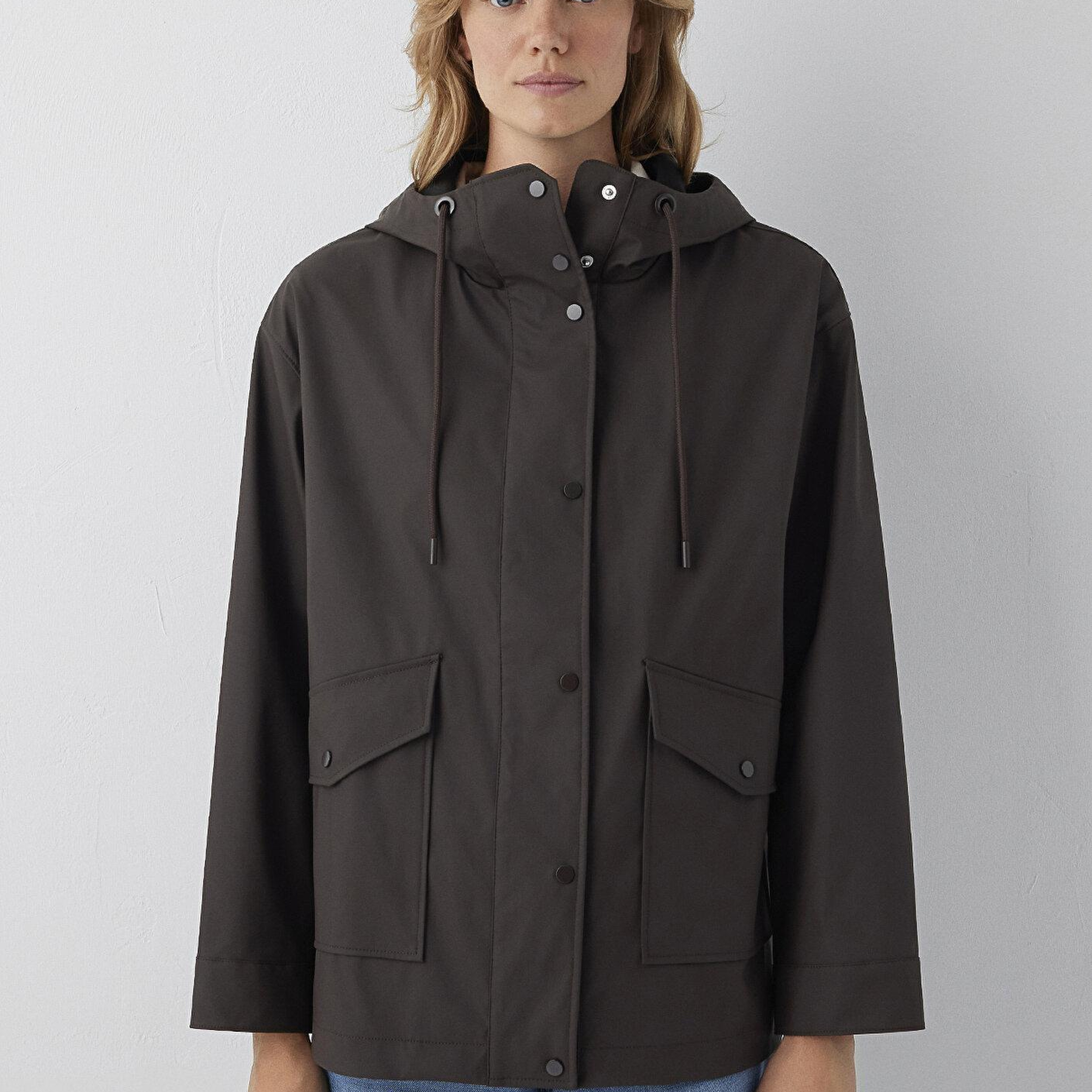 Mavi Kapüşonlu Kahverengi Ceket Oversize / Geniş Kesim 1110868-70219