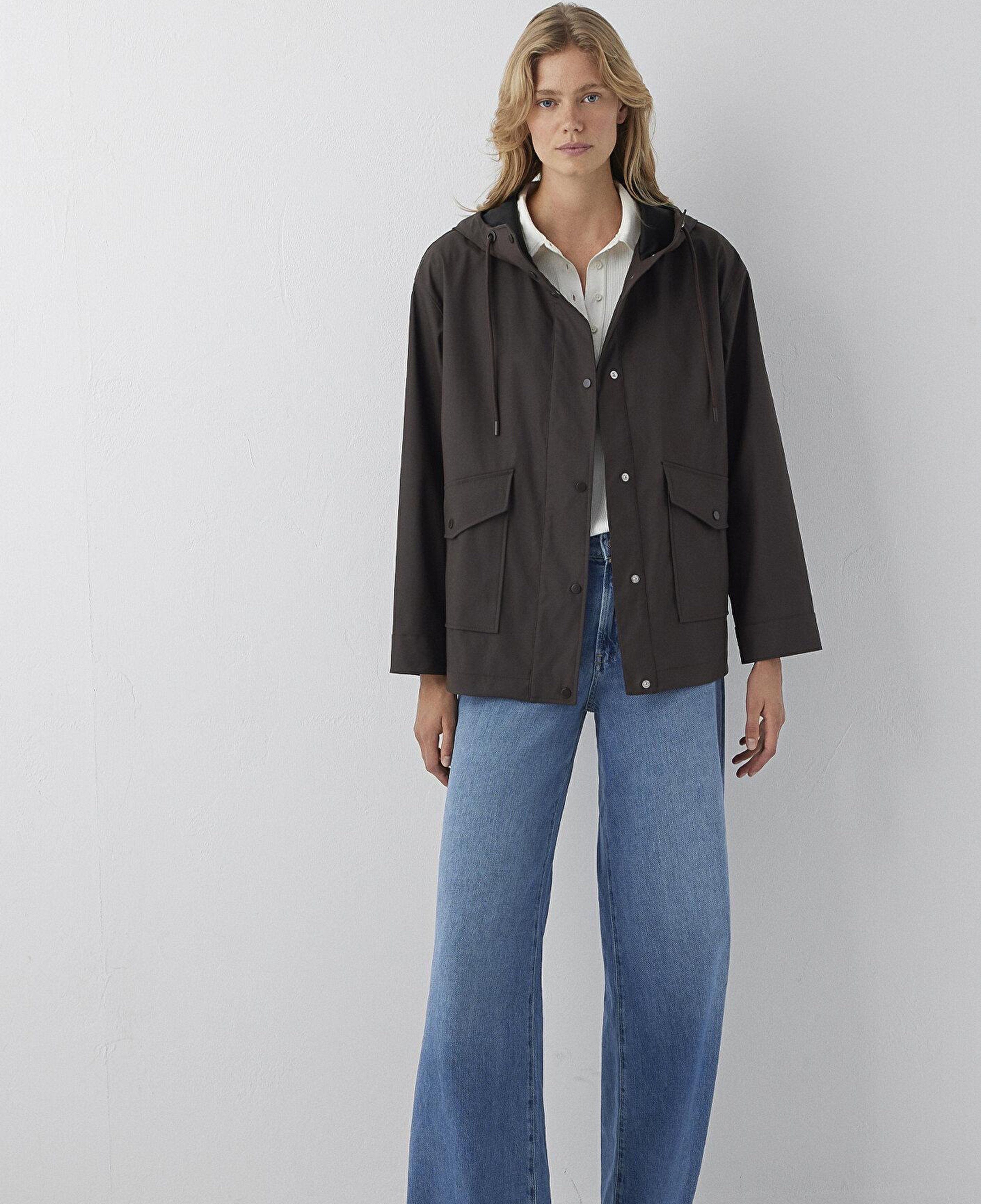 Mavi Kapüşonlu Kahverengi Ceket Oversize / Geniş Kesim 1110868-70219
