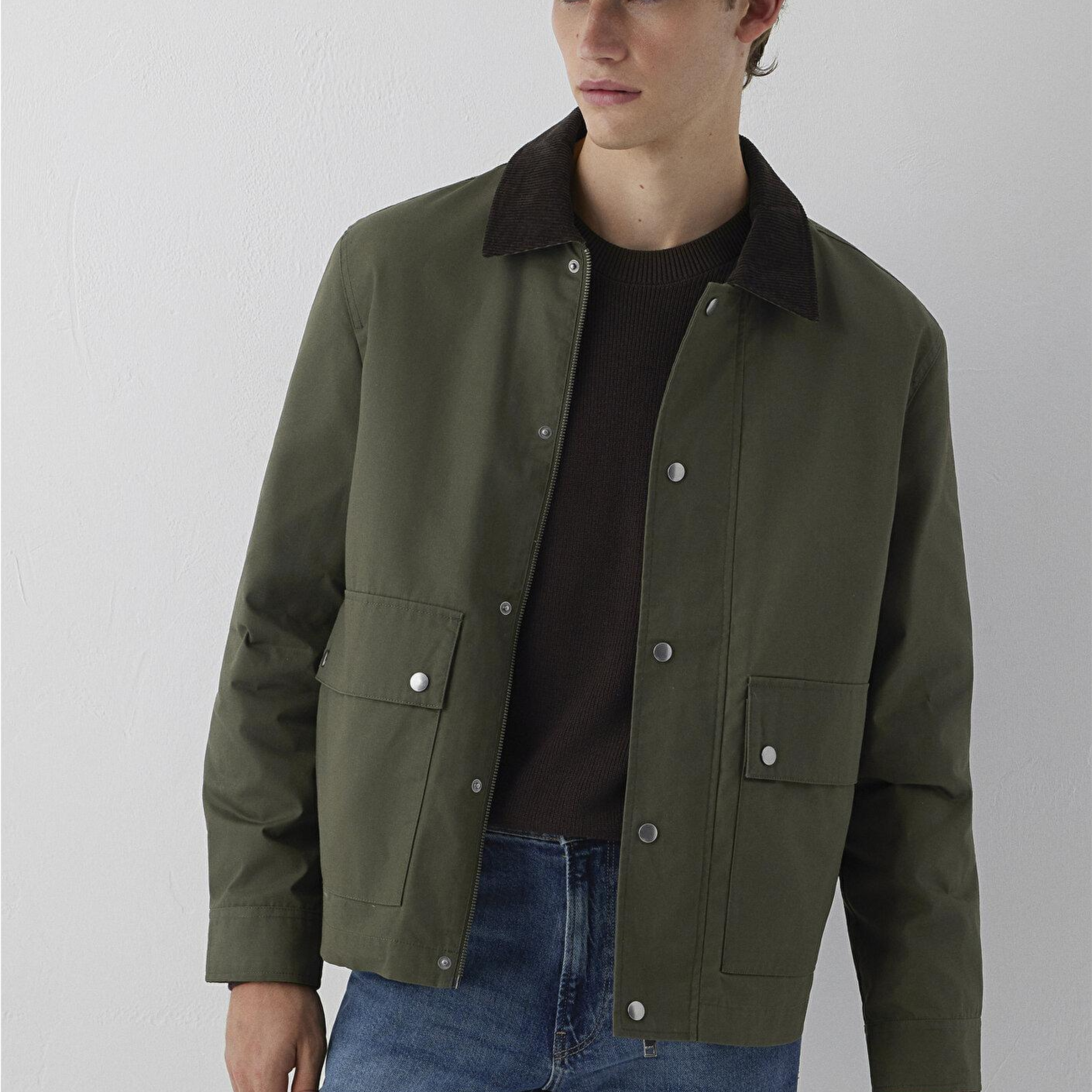 Mavi Kadife Yaka Haki Ceket Loose Fit / Bol Rahat Kesim 0110913-71545