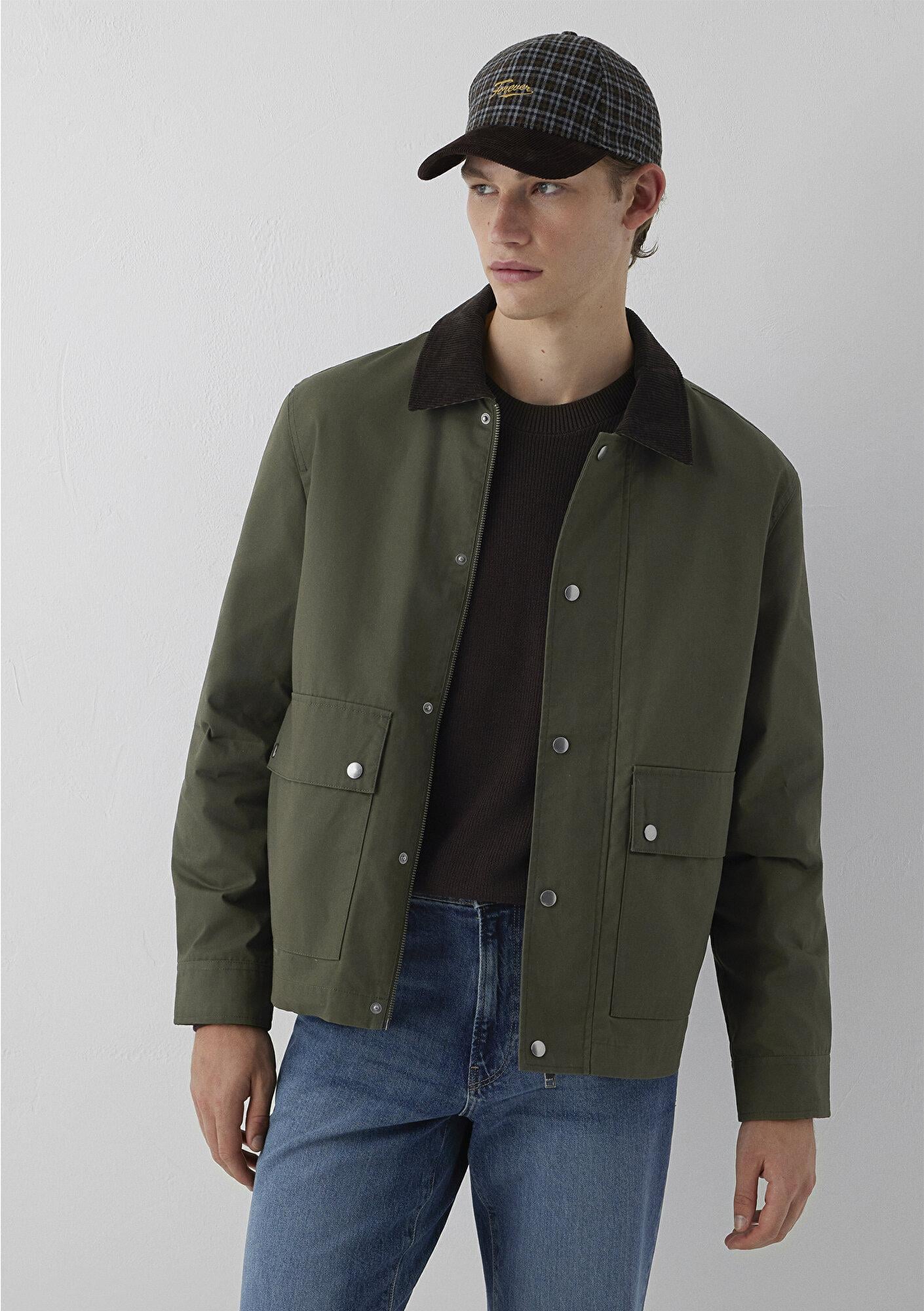 Mavi Kadife Yaka Haki Ceket Loose Fit / Bol Rahat Kesim 0110913-71545