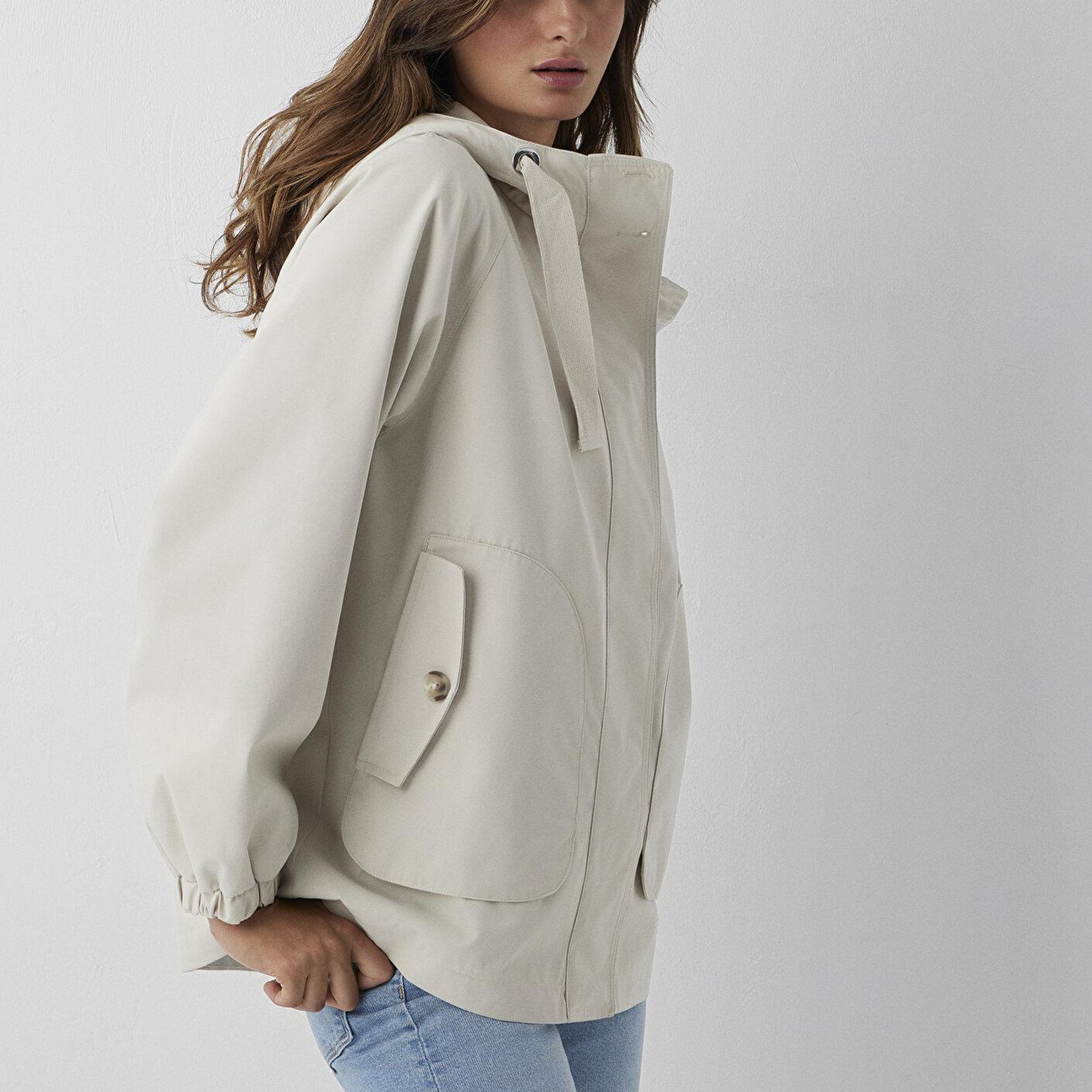 Mavi Kapüşonlu Bej Ceket Loose Fit / Bol Rahat Kesim 1110014-70143