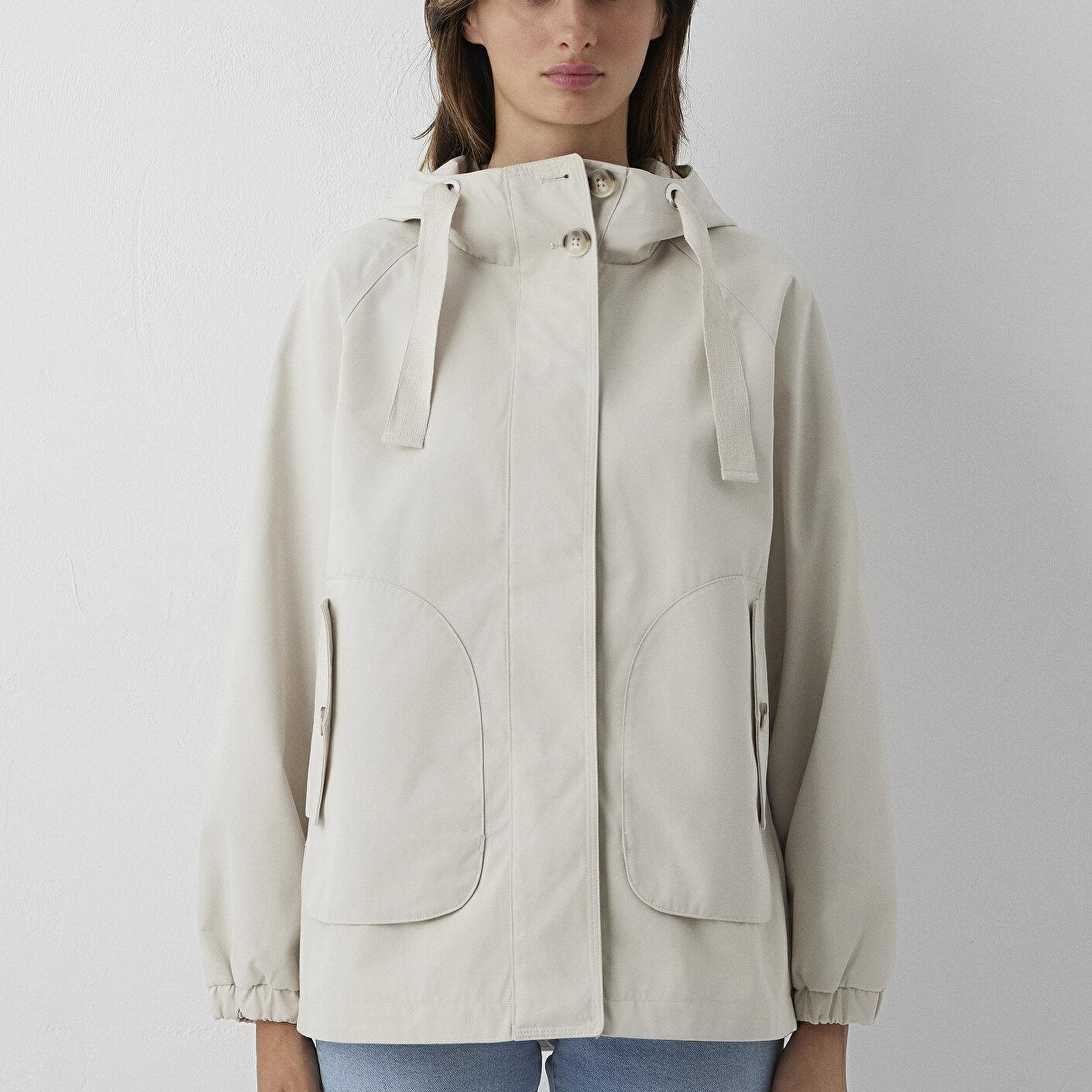 Mavi Kapüşonlu Bej Ceket Loose Fit / Bol Rahat Kesim 1110014-70143
