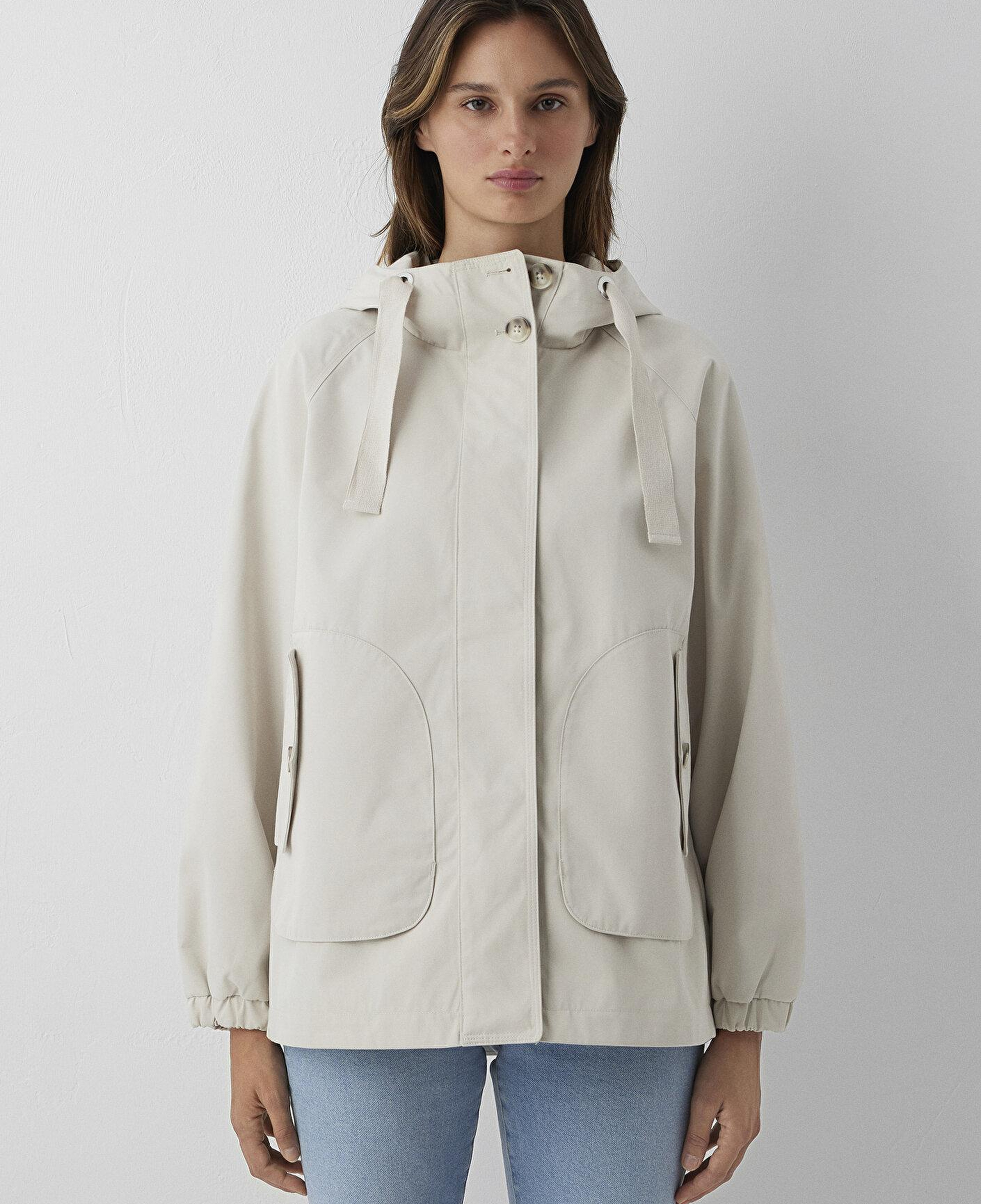 Mavi Kapüşonlu Bej Ceket Loose Fit / Bol Rahat Kesim 1110014-70143