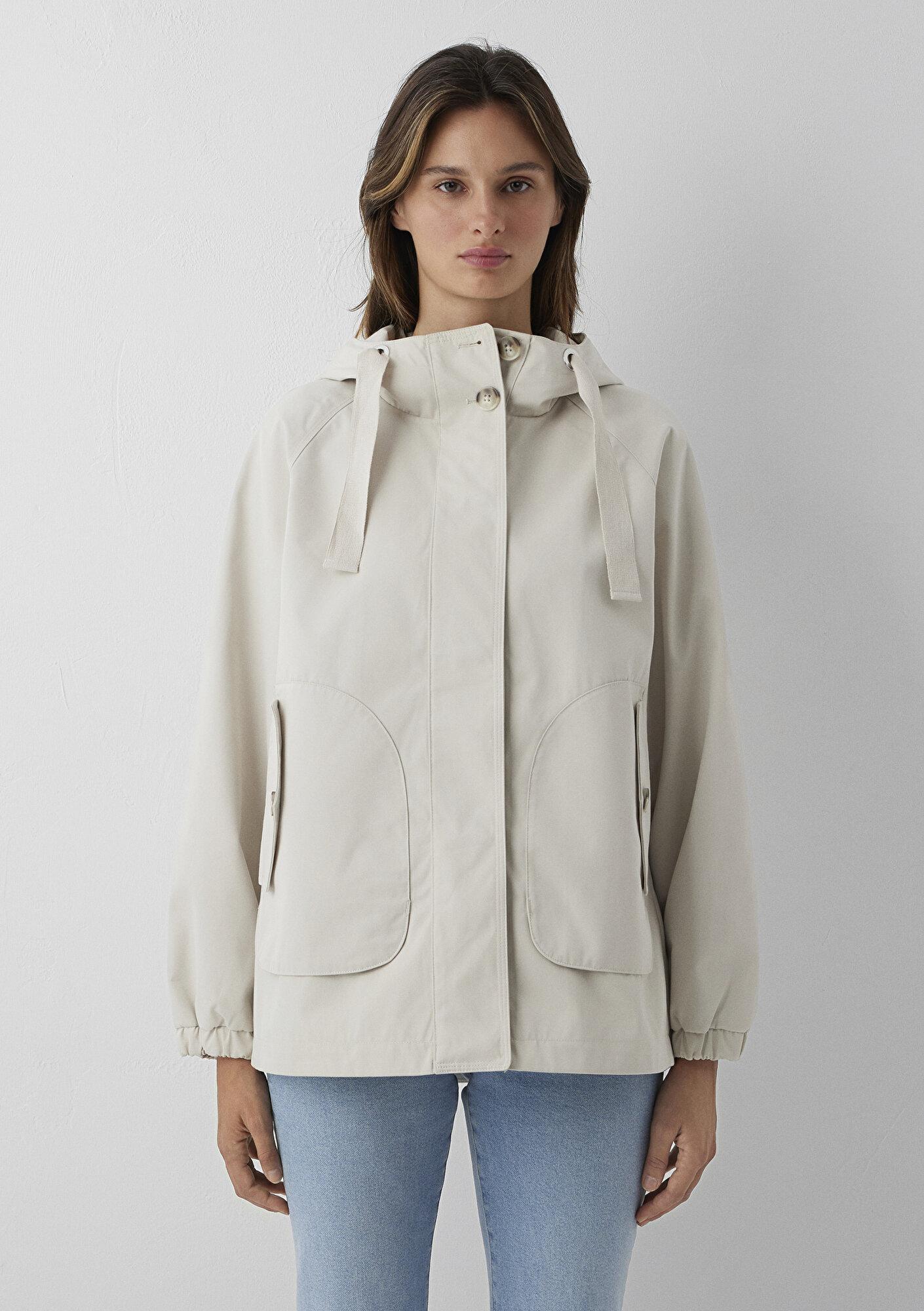 Mavi Kapüşonlu Bej Ceket Loose Fit / Bol Rahat Kesim 1110014-70143