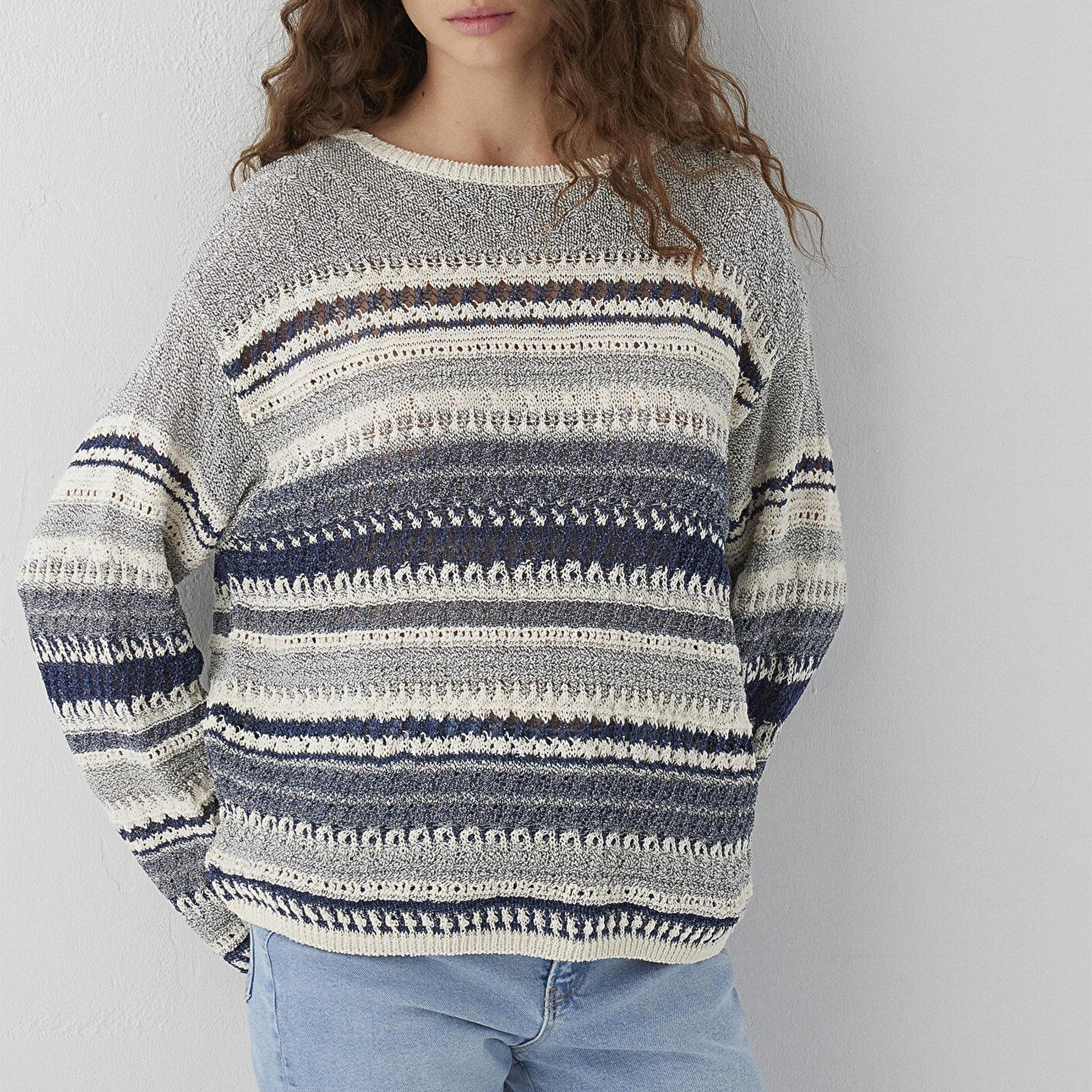 Mavi Çizgili Jakarlı Kazak Loose Fit / Bol Rahat Kesim 1710973-84057