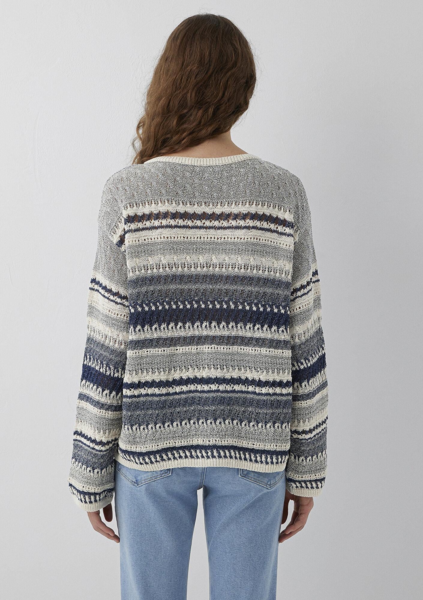 Mavi Çizgili Jakarlı Kazak Loose Fit / Bol Rahat Kesim 1710973-84057