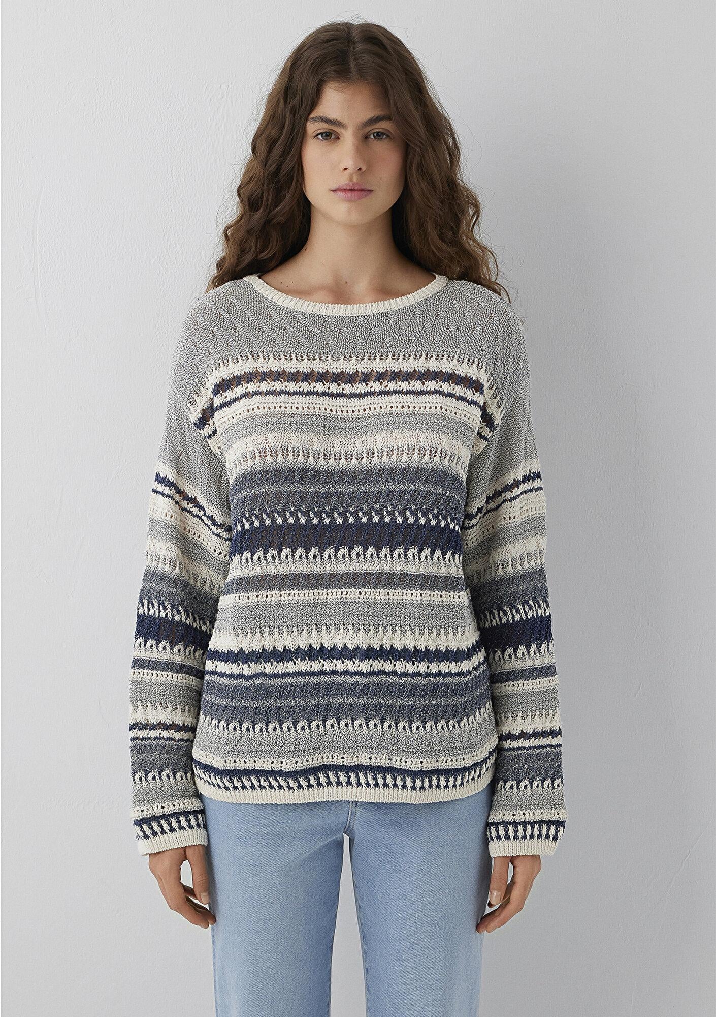 Mavi Çizgili Jakarlı Kazak Loose Fit / Bol Rahat Kesim 1710973-84057