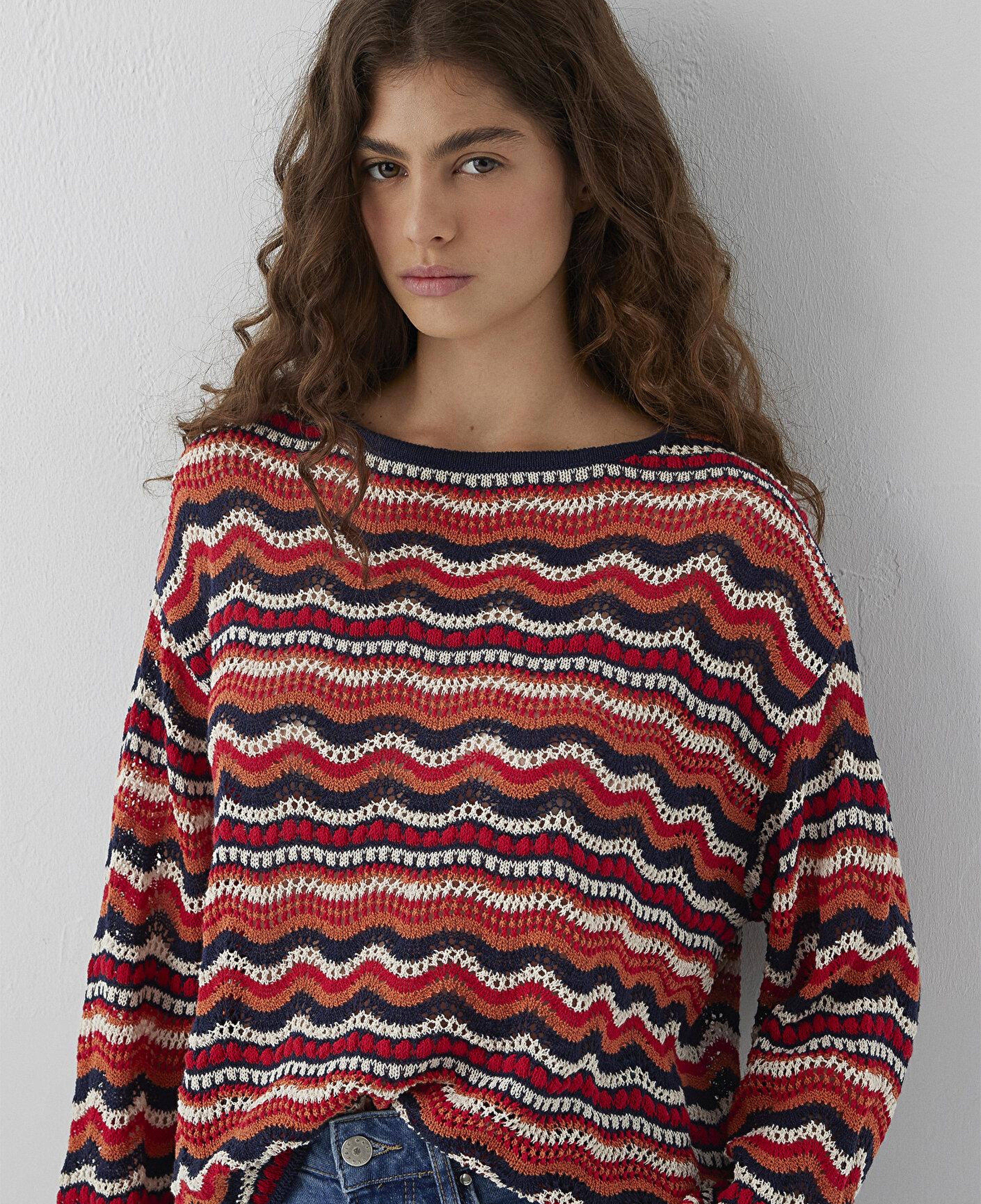 Mavi Turuncu Jakarlı Kazak Loose Fit / Bol Rahat Kesim 1710972-91010