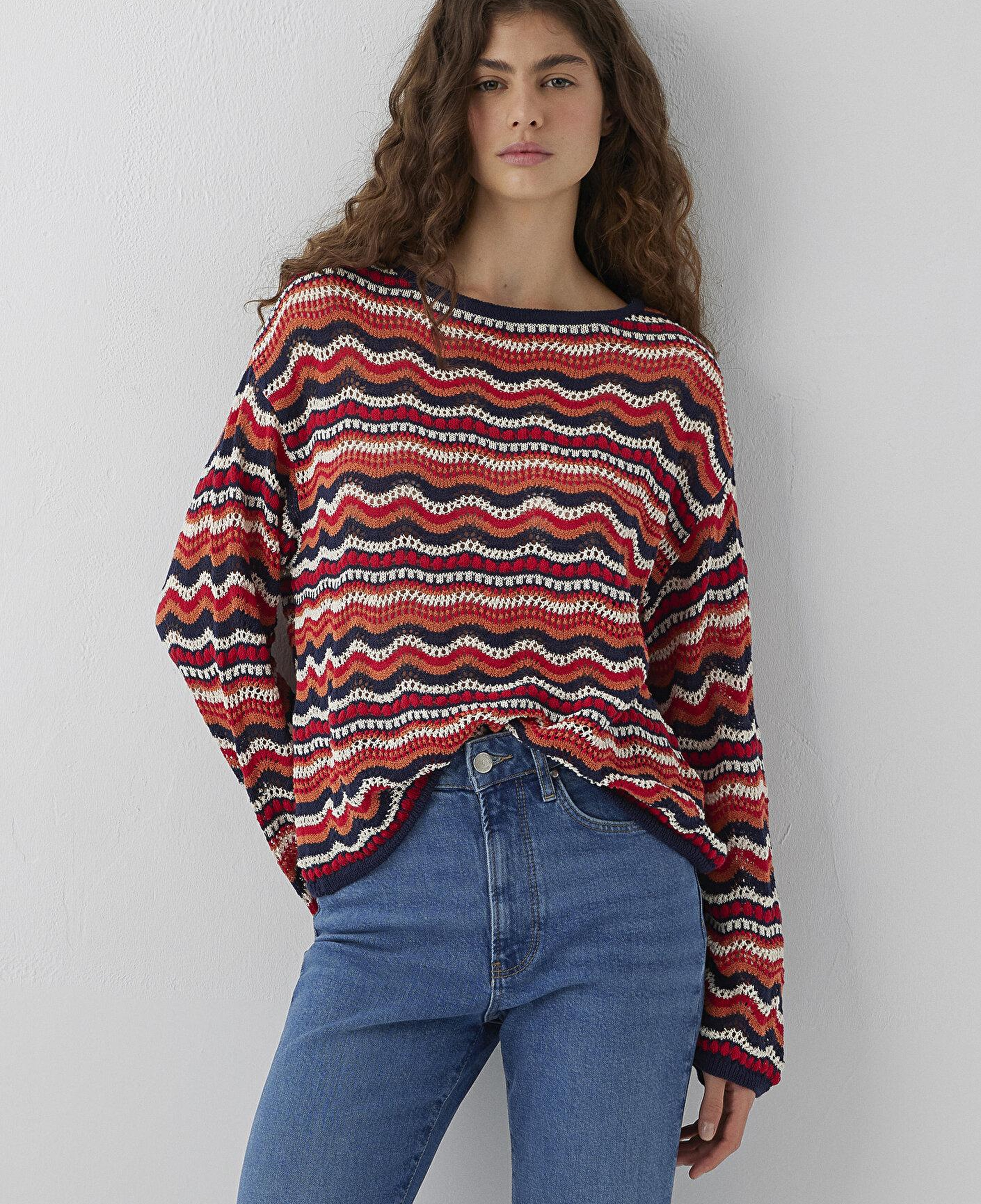 Mavi Turuncu Jakarlı Kazak Loose Fit / Bol Rahat Kesim 1710972-91010