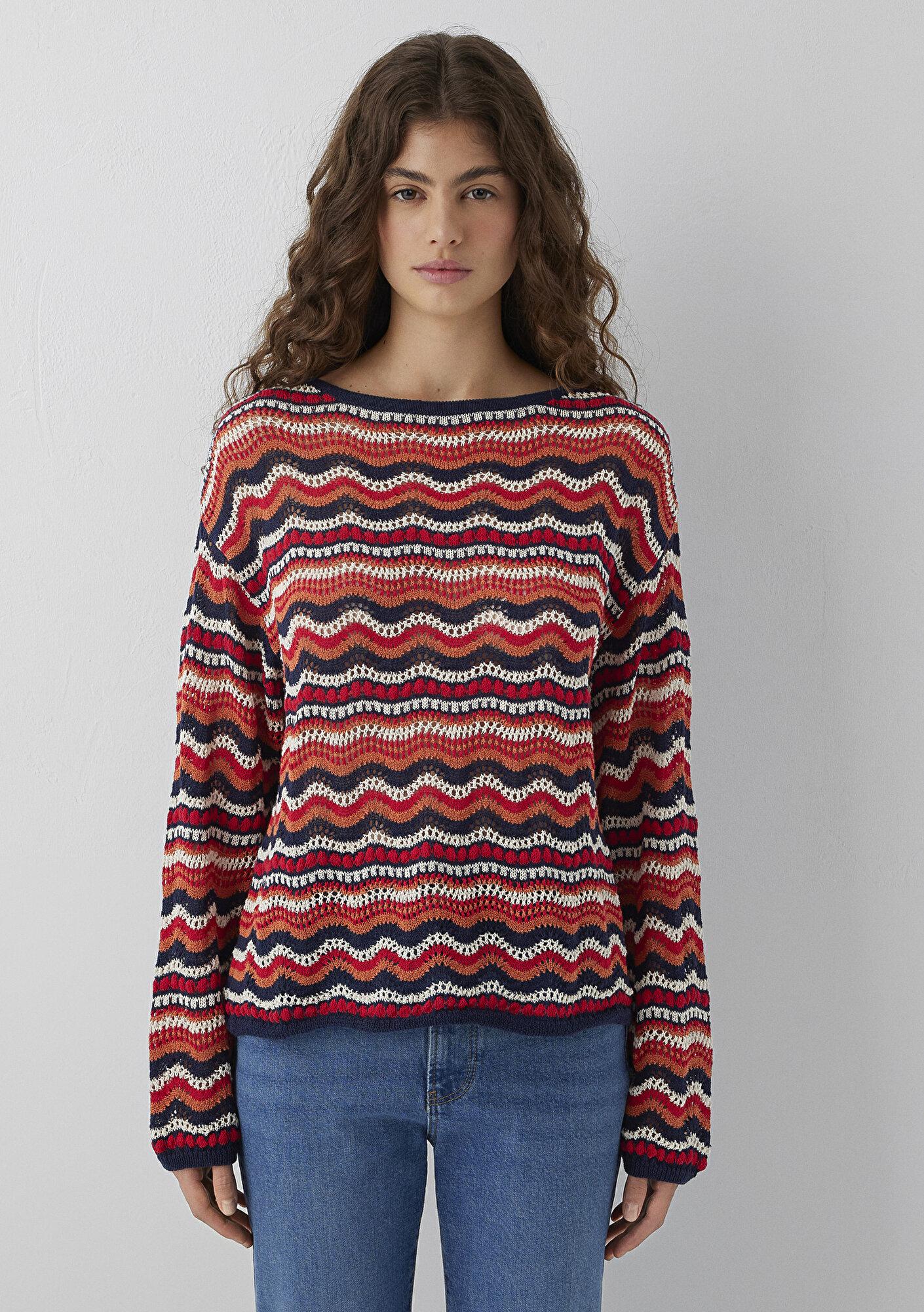 Mavi Turuncu Jakarlı Kazak Loose Fit / Bol Rahat Kesim 1710972-91010