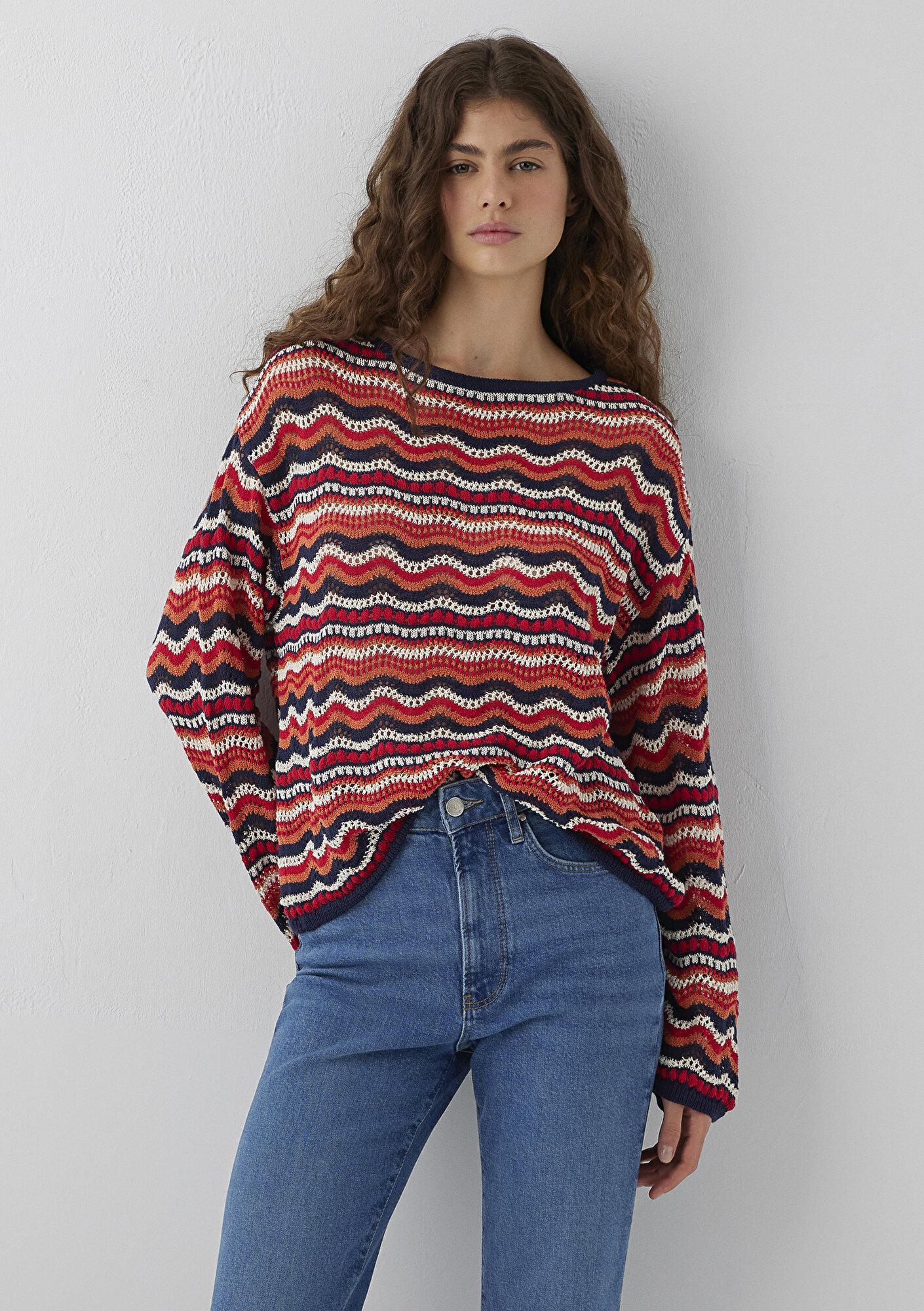Mavi Turuncu Jakarlı Kazak Loose Fit / Bol Rahat Kesim 1710972-91010