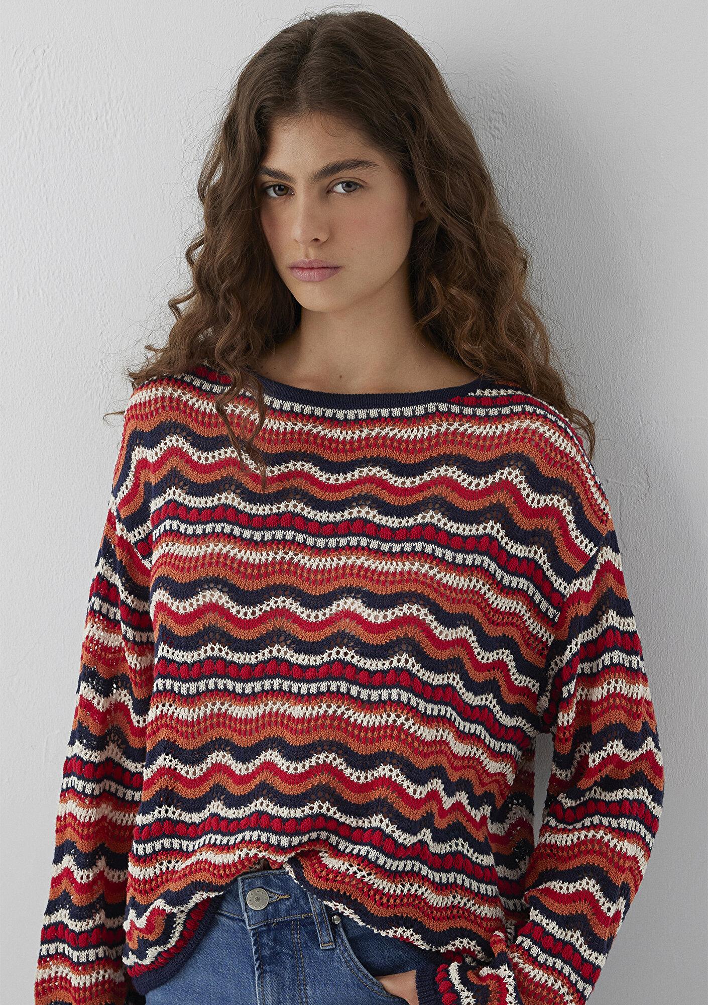 Mavi Turuncu Jakarlı Kazak Loose Fit / Bol Rahat Kesim 1710972-91010